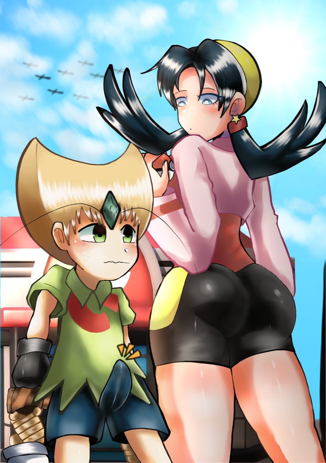 kris (pokemon), wingull, pokemon gsc, pokemon rse, pokemon special, 2004, 2005, 2006, 1boy, 1boy1girl, :0, adults, aged up, ass, ass focus, blonde hair, blue eyes, blue hair, blush, blush lines, boner, clouds, couple, crystal (pokemon), cute, dark blue hair, detailed background, emerald (gem), emerald (pokemon), erection under clothes, female, femboy, gloves, green eyes, hat, heavenly ass, kawaii, looking at penis, looking confused, otoko no ko, otokonoko, outside, pigtails, pokeball, pokemon, pokemon adventures, pokemon center, pubic hair, shirt, shorts, smaller male, sonakun, straight, taller girl, thick legs, thick thighs, tight clothing, tight fit, tights, tokosayo999, trap, trap on female, white gloves, 