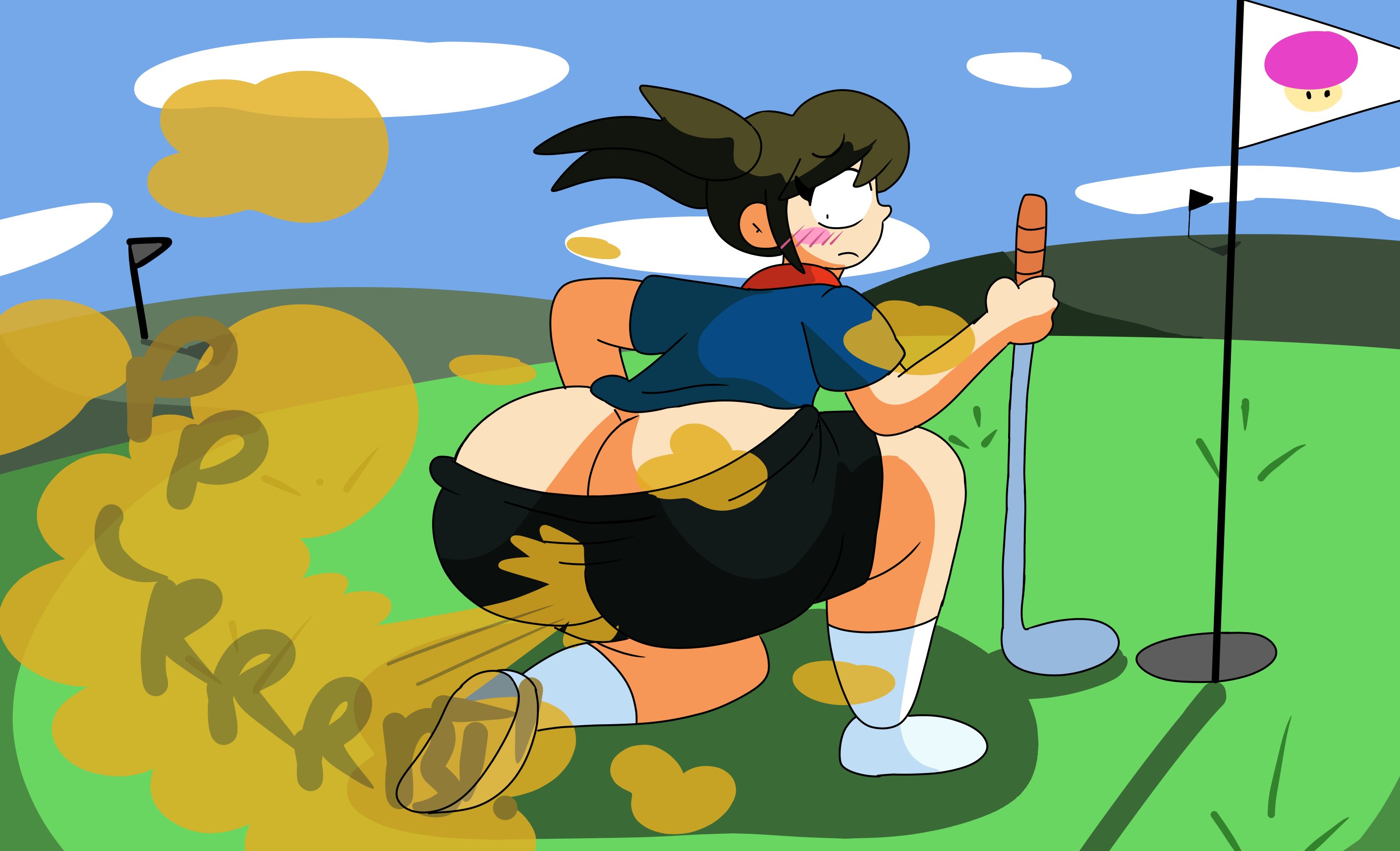plum (mario), big butt, brappycatty, embarrassed, fart, fart cloud, fart fetish, farting, looking back, plum (nintendo), shorts, 