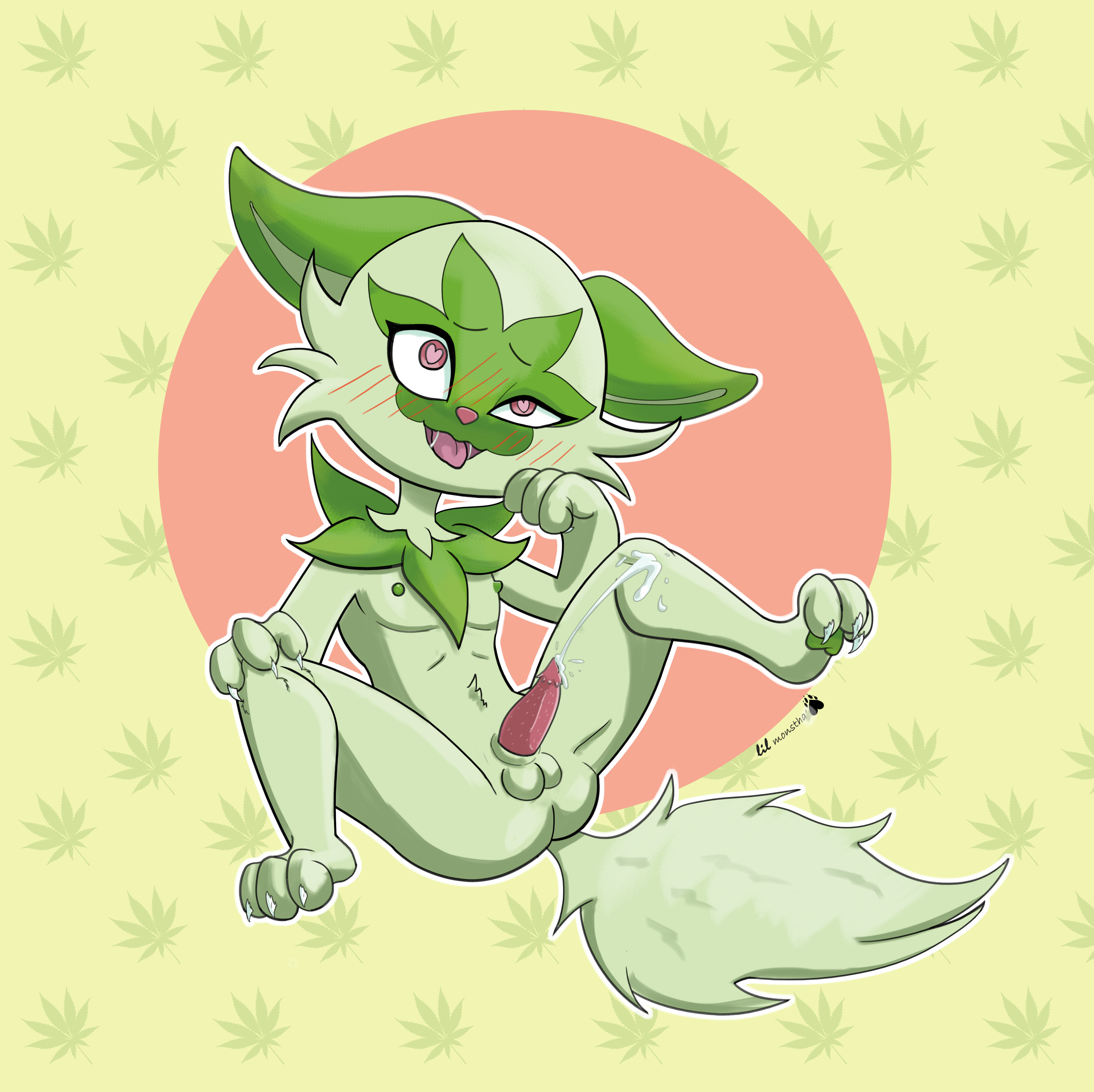 nintendo, 2022, a cat is fine too, anthro, anthrofied, blush, cum, cumshot, fur, furry, furry only, furry tail, green body, green fur, green hair, heart eyes, male, male only, penis, pokemon, sprigatito, tail, 