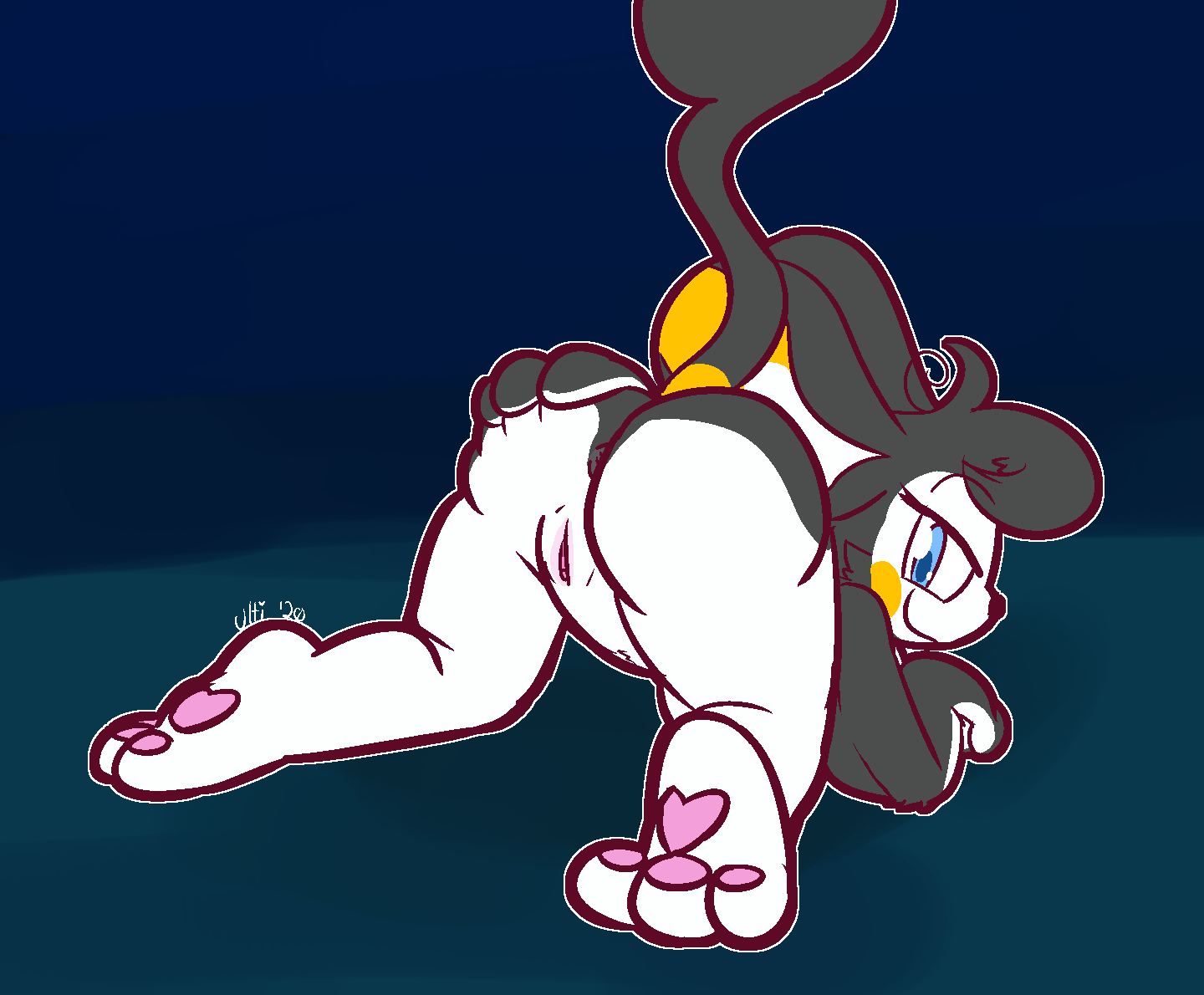 ultilix, emolga, nintendo, 2020, blue background, simple background, 3 fingers, 3 toes, anthro, anus, ass, black body, black fur, black hair, black nose, blue eyes, butt grab, female, fingers, flashy (darkyplz), fur, genitals, gradient background, hair, half-closed eyes, hand on butt, looking at viewer, looking back, mammal, murid, narrowed eyes, nude, pawpads, pink pawpads, pink pussy, pokemon, presenting, presenting hindquarters, presenting pussy, pussy, raised tail, rear view, rodent, smile, smirk, solo, spread butt, spreading, toes, video games, white body, white fur, yellow body, yellow cheeks, yellow fur, 