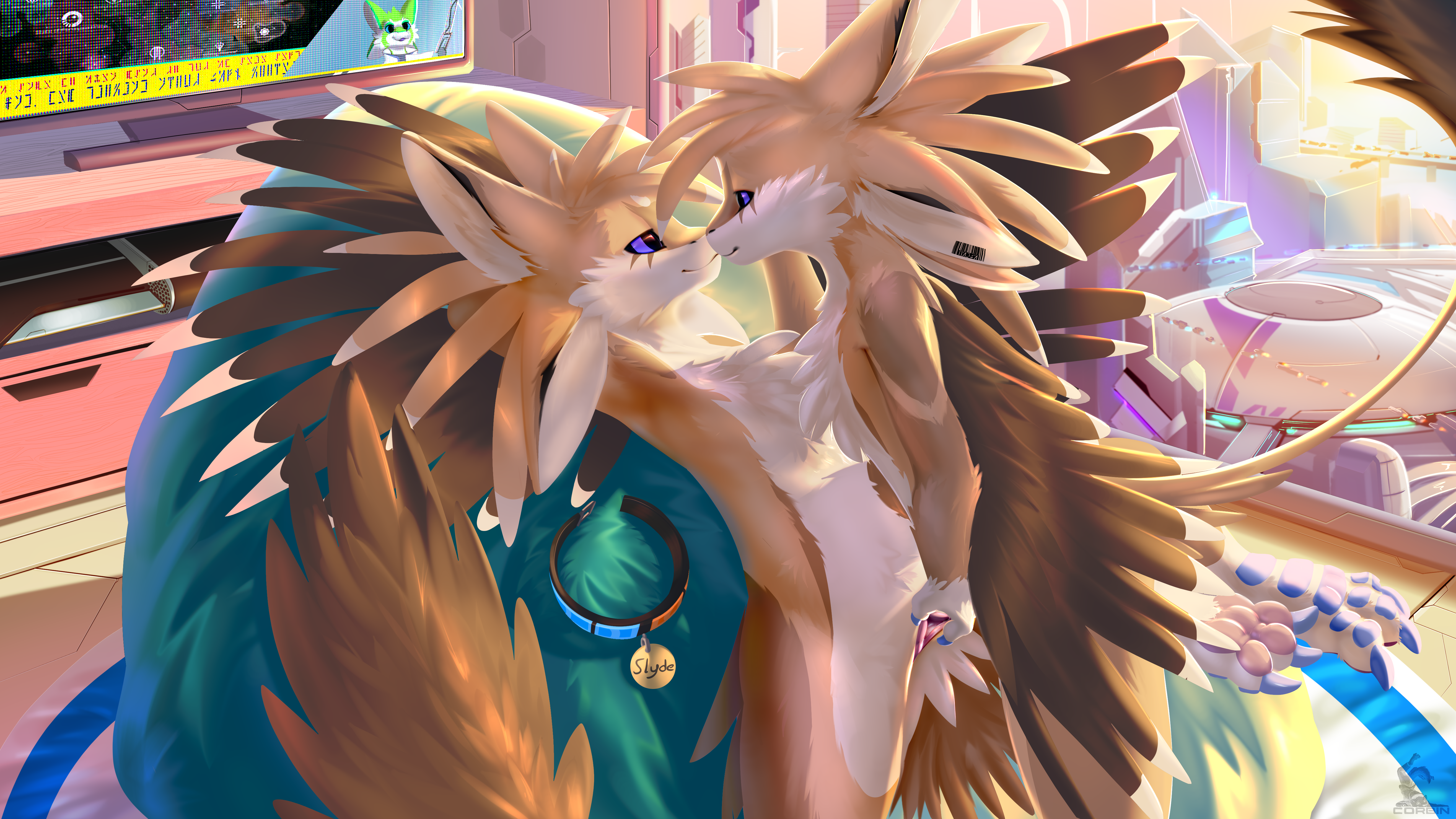 absurd_res after_transformation anthro avali avali_scratch_(text) avian black_sclera blue_claws blue_collar blue_eyes blue_scutes brown_body brown_ears brown_feathers brown_hair brown_tail_tuft brown_wings claws collar corbin_(roscy) duo electronics eye_contact feather_hair feathered_wings feathers female female/female finger_fuck fingering fingering_partner flying_car futuristic genitals grey_claws hair hi_res inside looking_at_another name_tag news news_report nude nude_anthro nude_female orange_body orange_collar orange_feathers orange_hair pawpads pink_pawpads pink_vulva pseudo_hair same_size scuted_feet scutes selfcest sex square_crossover tail tail_tuft tan_body tan_feathers tan_hair television toe_claws tuft vaginal_penetration vulva white_body white_feathers white_inner_ear winged_arms wings
