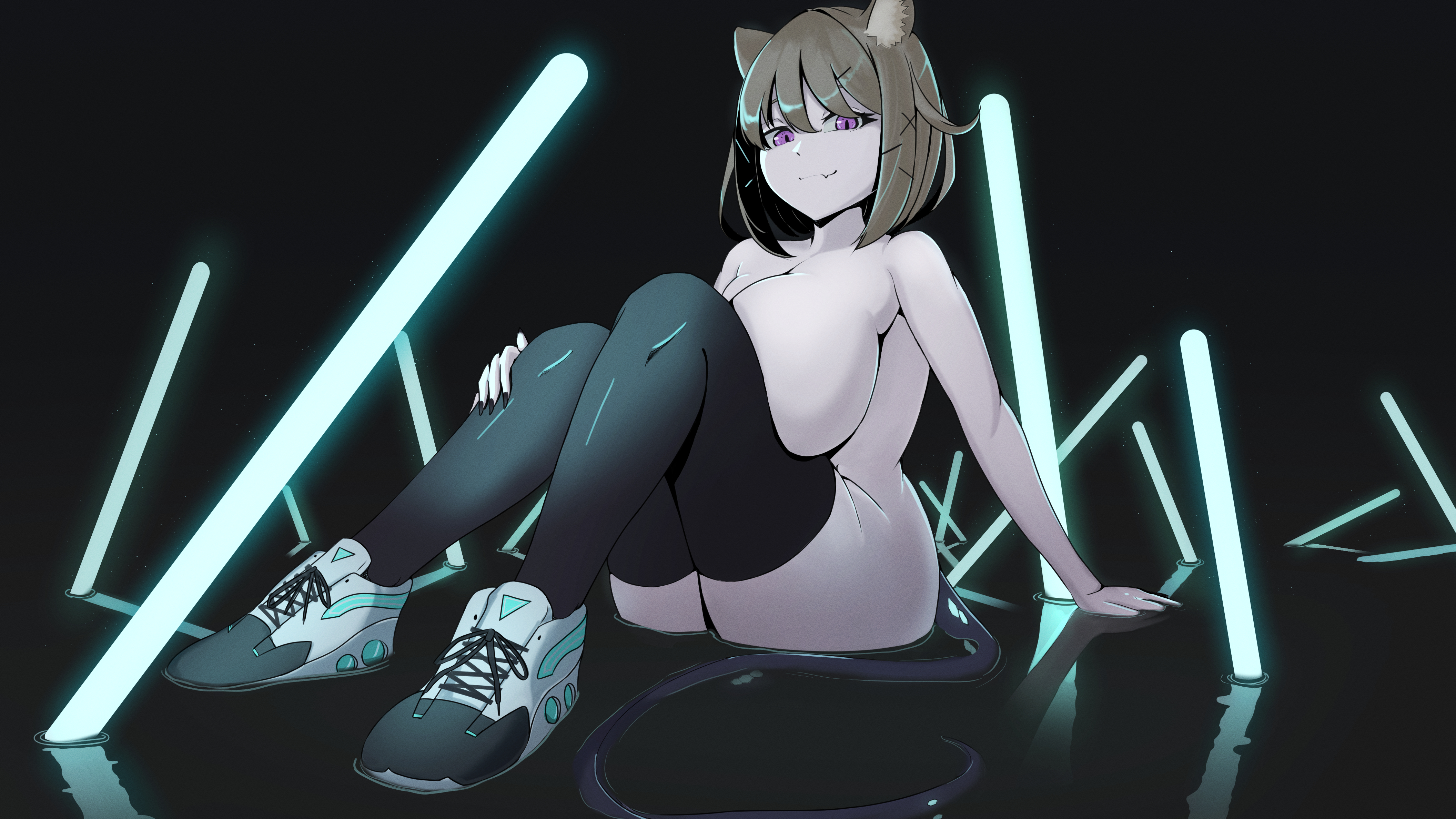 arknights, absurdres, highres, animal ear fluff, animal ears, blonde hair, bottomless, breasts, eyewear on head, female, hair ornament, hairclip, large breasts, looking at viewer, motimotinotie, nude, oerba yun fang, purple eyes, shoes, short hair, skin fang, smile, solo, tail, topless, utage (arknights), 