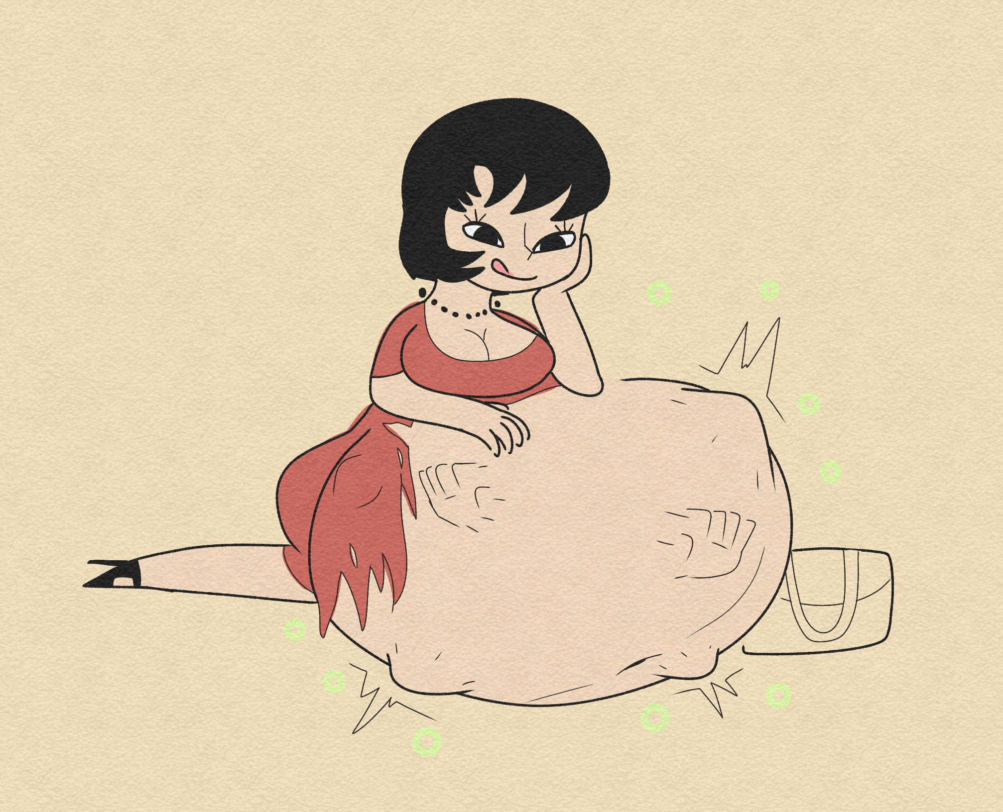 jucika, comic, ambiguous prey, belly, belly bulge, big belly, big belly bulge, black hair, breasts, female pred, hand imprint, jucika (character), licking, licking lips, looking at belly, multiple prey, oral vore, pearl necklace, purse, robomondus, same size vore, short hair, soft vore, squirming, squirming gut, struggling, struggling prey, tongue, tongue out, unwilling prey, vore, vore belly, willing pred, 