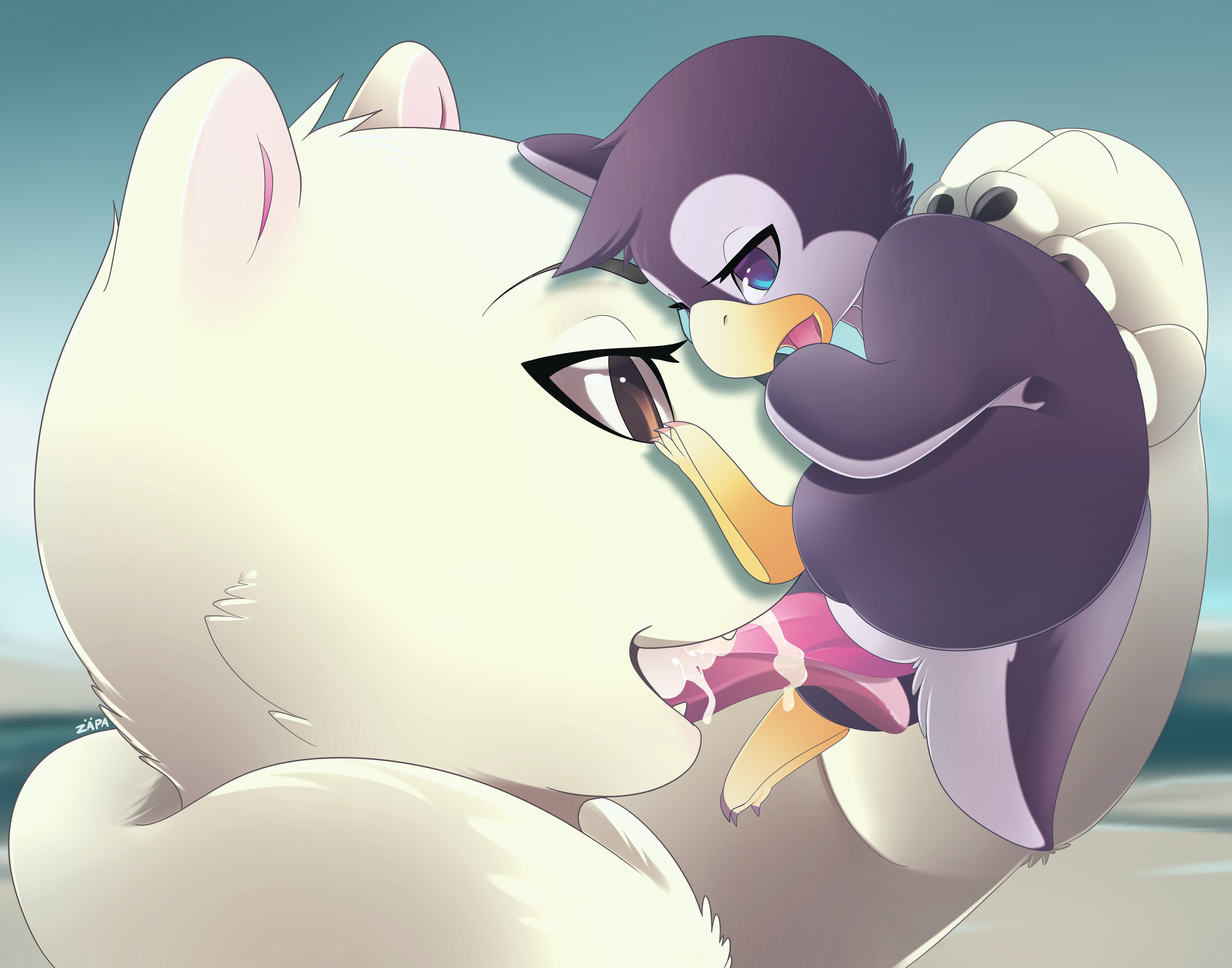 avian, bear, bird, cum, cum in mouth, cum inside, cum on penis, cum on tongue, duo, erection, feral, fur, male, mammal, multiple males, orgasm, outside, penguin, penis, polar bear, size difference, tongue, yaoi, zapa, 