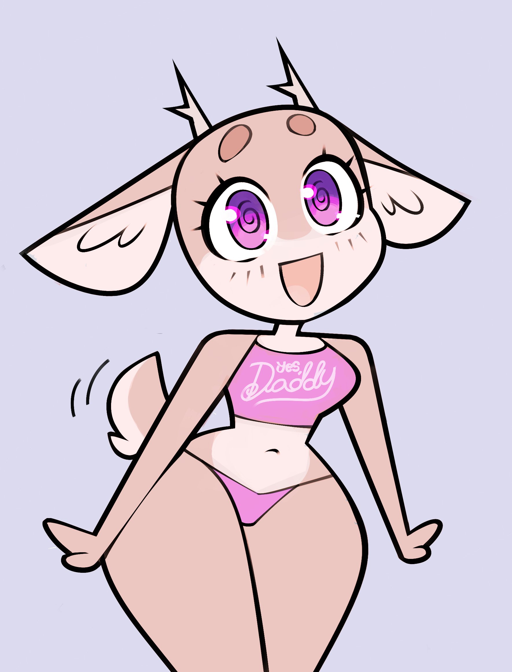 fangdangler, antlers, bimbo deer, brown fur, cervid, crop top, deer, deer girl, pink eyes, spiral eyes, two tone hair, white fur, 