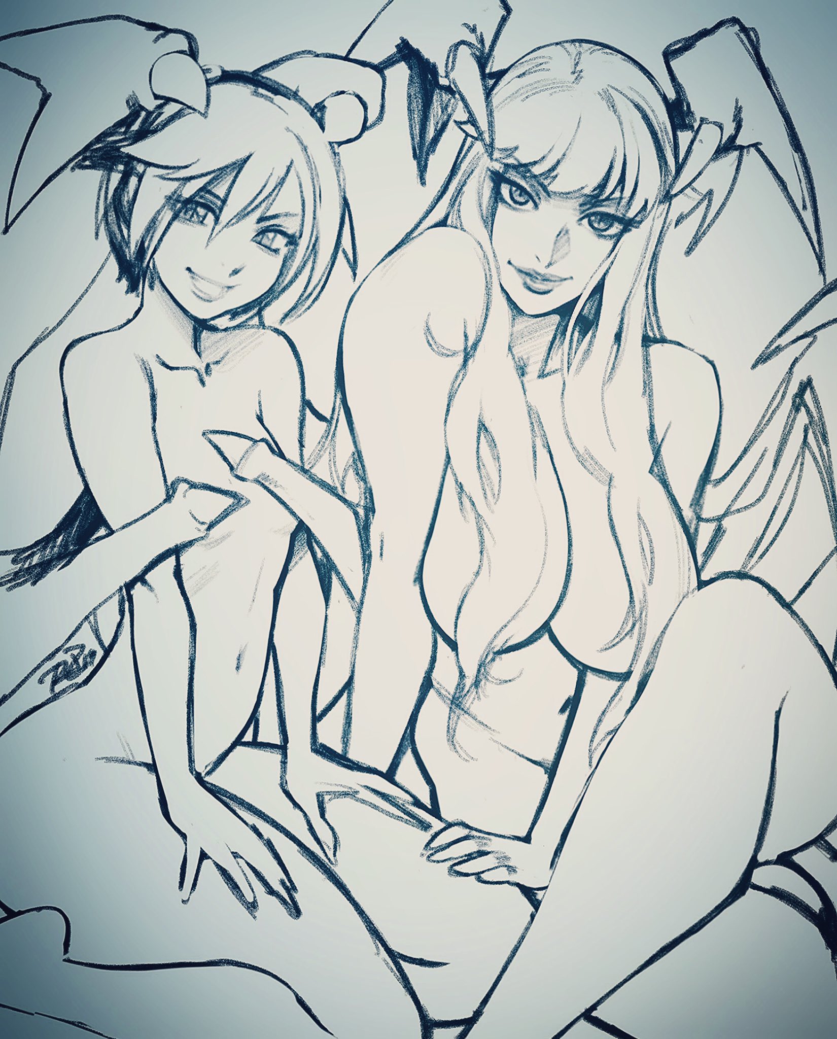 negarobo, lilith aensland, morrigan aensland, darkstalkers, sketch, breasts, demon girl, drawn, duo, female, long hair, looking at viewer, nude, succubus, wings, 