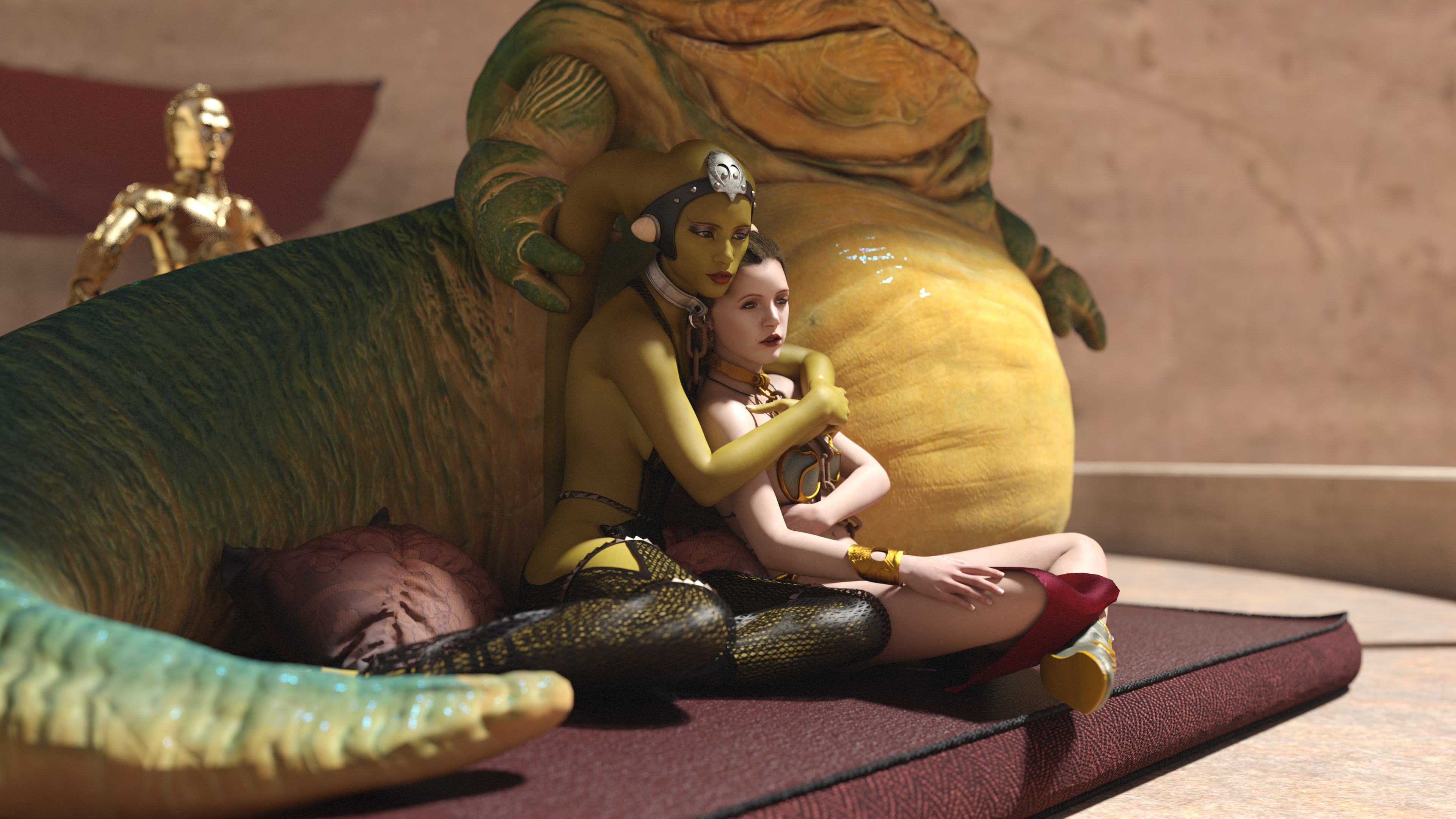 2girls 3d alexbridger belly_dancer belly_dancer_outfit boots braided_hair brown_eyes brown_hair c-3po dancer dancer_outfit droid_(star_wars) enslaved_royal female femsub fishnets green_skin harem harem_girl harem_outfit hug_from_behind hutt jabba's_palace jabba_the_hutt loincloth long_hair oola princess_leia_organa slave slave_bikini slave_collar slave_girl slave_leia slave_outfit star_wars submissive_female twi'lek