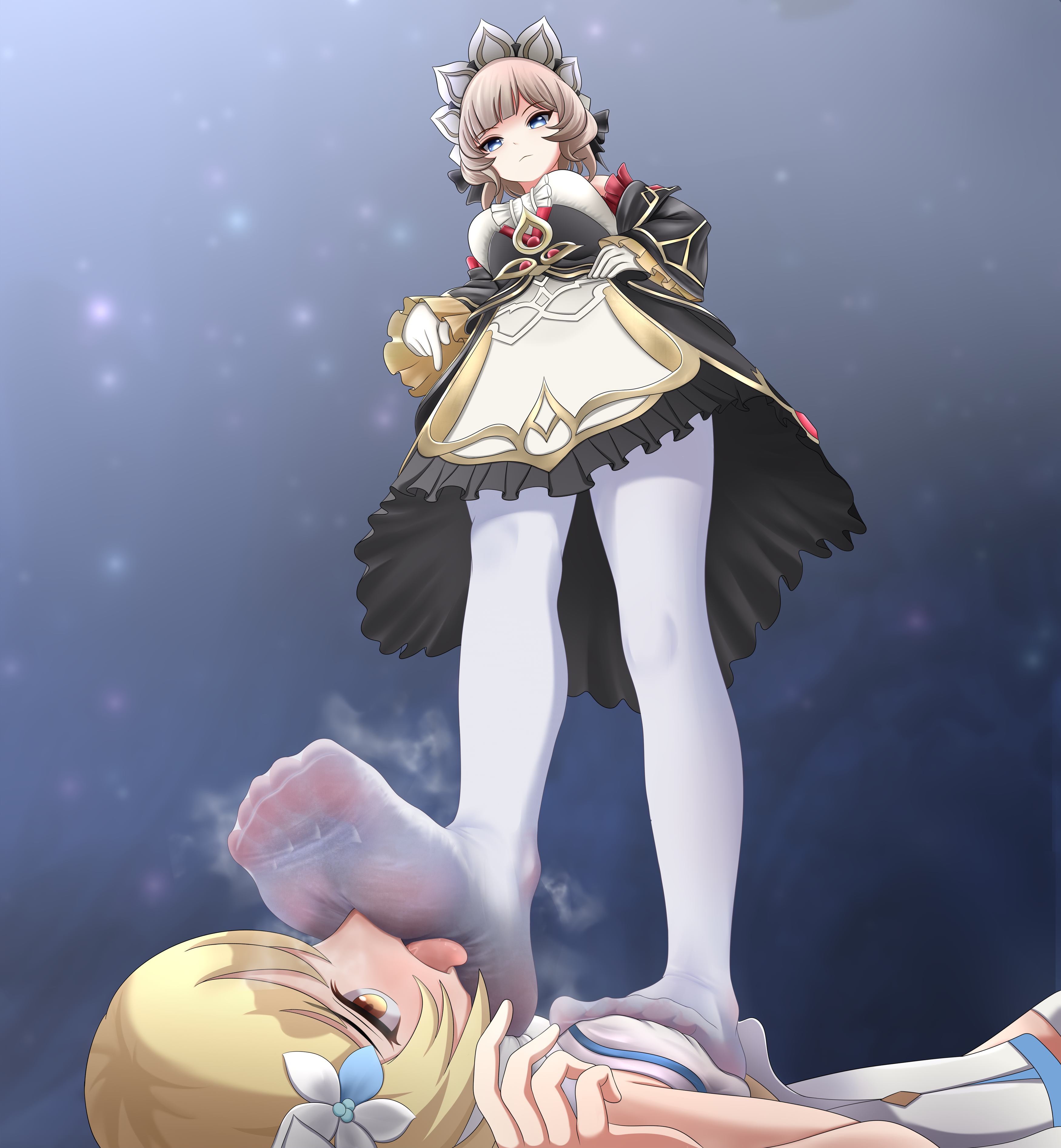 2girls absurdres black_bow black_dress black_sleeves blonde_hair blue_eyes bow breasts brown_hair closed_mouth detached_sleeves dress flower foot_on_another's_face foot_on_chest foreshortening frilled_sleeves frills from_below full_body genshin_impact gloves gold_trim grey_background hair_flower hair_ornament hairbow hand_on_own_hip highres licking licking_foot light_particles looking_down lumine_(genshin_impact) lying multicolored_dress multiple_girls no_shoes on_back pantyhose pleated_dress pointing pointing_down sandrone_(genshin_impact) see-through_pantyhose short_hair smell soles standing stepped_on toes tongue tongue_out trample user_daph4523 wet wet_clothes white_dress white_flower white_gloves white_headdress white_pantyhose wide_sleeves yellow_eyes yuri