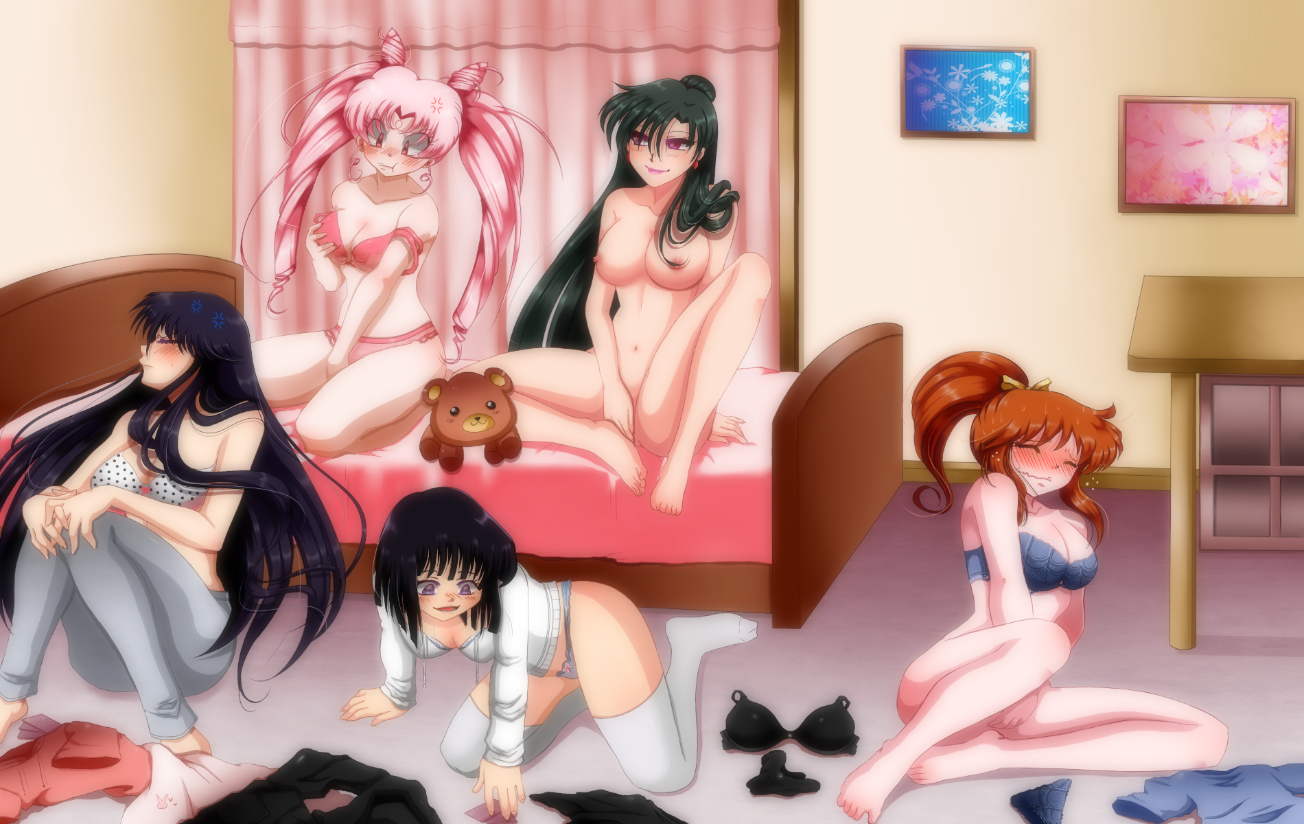 2d aged_up background bed bed_sheet bedding bedroom bedroom_background bedroom_setting bishoujo_senshi_sailor_moon black_bra black_hair black_panties black_pants black_shirt blue_bra blue_panties blue_shirt blush blushing_female bra breasts brown_hair chibi_usa chidori closed_eyes clothes_on_floor clothes_removed curtains dotted_bra embarrassed embarrassed_female embarrassed_nude_exposure embarrassed_nude_female eyes_half_open eyes_open fair-skinned_female fair_skin feet female fondling fondling_breast green_hair grey_panties grey_pants hairbun head_turned head_turned_sideways hotaru_tomoe long_hair multiple_females multiple_girls nipples nude painting_(object) panties panties_aside pants partially_clothed partially_clothed_female partially_nude partially_undressed pink_curtains pink_hair pink_shirt ponytail purple_eyes red_eyes rei_hino sailor_chibi_moon sailor_mars sailor_pluto sailor_saturn setsuna_meiou short_hair stockings strip_poker stripping table teddy_bear thigh_highs thighhighs toes twintails unazuki_furuhata underwear white_bra white_shirt white_stockings yellow_ribbon