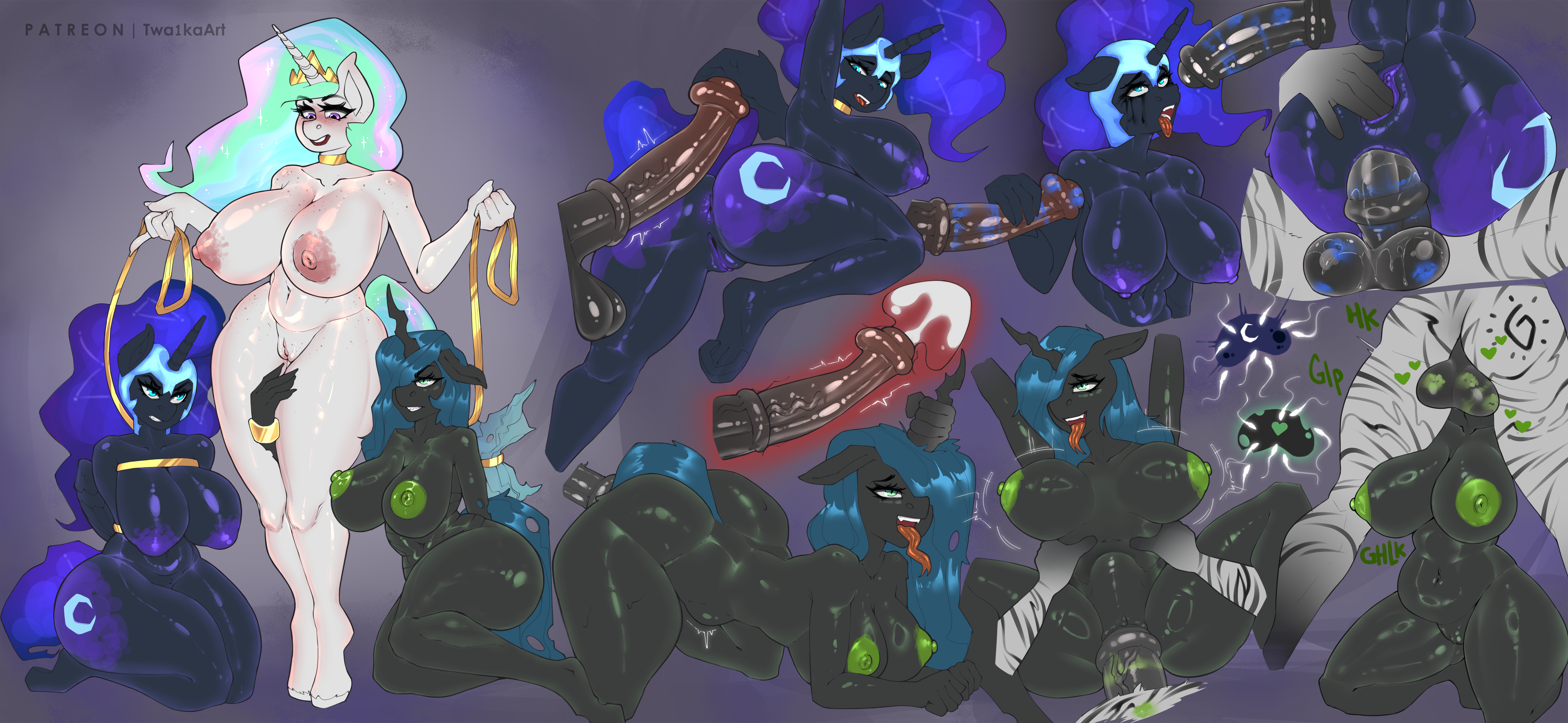 absurd_res alicorn anal anal_fingering animal_genitalia animal_penis anthro anus areola ass big_breasts big_butt biped black_body bodily_fluids bound breasts changeling crown cum cum_in_uterus cum_inside dominant dominant_female equid equine equine_genitalia equine_penis eyelashes fellatio female female/female female_penetrated fingering friendship_is_magic genital_fluids genitals hasbro headgear hi_res horn internal kneeling makeup male male/female male_penetrating male_penetrating_female mammal my_little_pony mythological_creature mythological_equine mythology nightmare_moon_(mlp) nipples oral penetration penile penile_penetration penis penis_in_vagina princess_celestia_(mlp) pupils purple_nipples queen_chrysalis_(mlp) running_makeup sex simple_background standing stomach_bulge submissive submissive_female text thick_thighs twa1kaart uterus vaginal_penetration vulva white_body wings