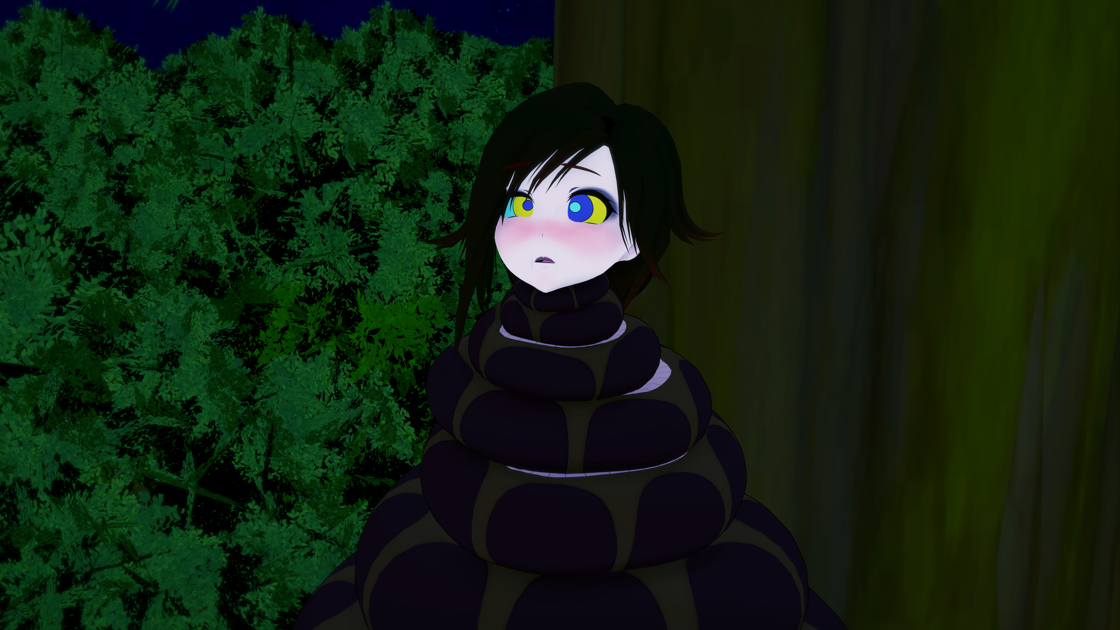 1boy 1girls 3d ass black_hair breasts cleavage coiled coiling fat_ass fat_tits female huge_breasts hypnosis jungle kaa kaa_eyes koikatsu lipstick loincloth male midriff mind_control mrkoiru outdoors pale_skin resisting ruby_rose rwby short_hair snake the_jungle_book tree weak_resistance wide_hips