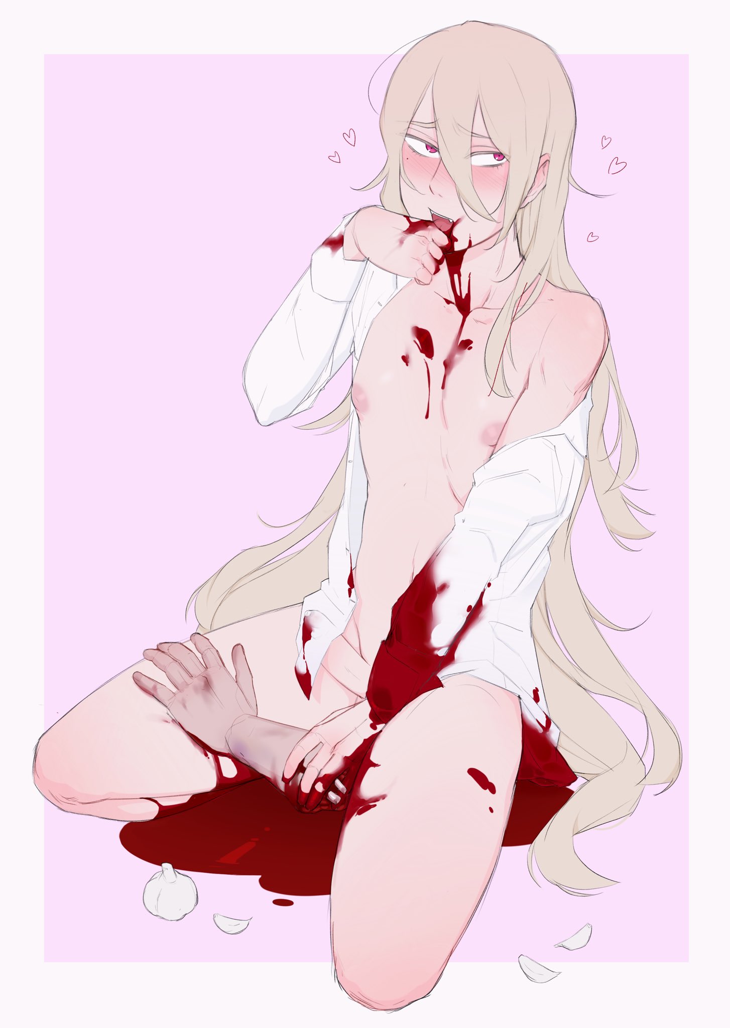 simple background, blonde hair, erection, girly, gore, guro, haruhssment, kneeling, long hair, penis, severed arm, white shirt, 