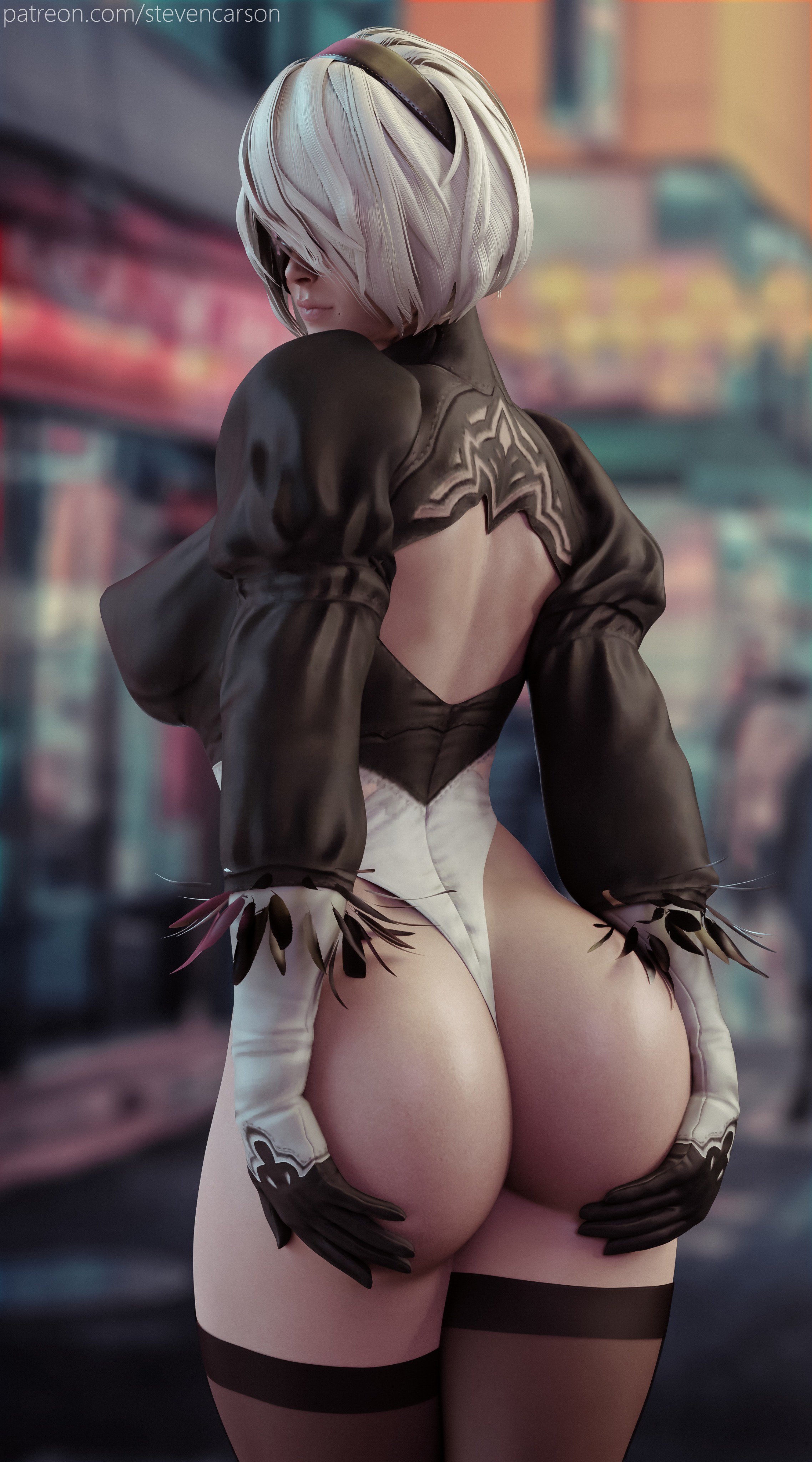 stevencarson, yorha 2b, nier, nier: automata, 3d, absurdres, highres, 1girls, ass, dat ass, female, female only, looking back, solo, thighhighs, 