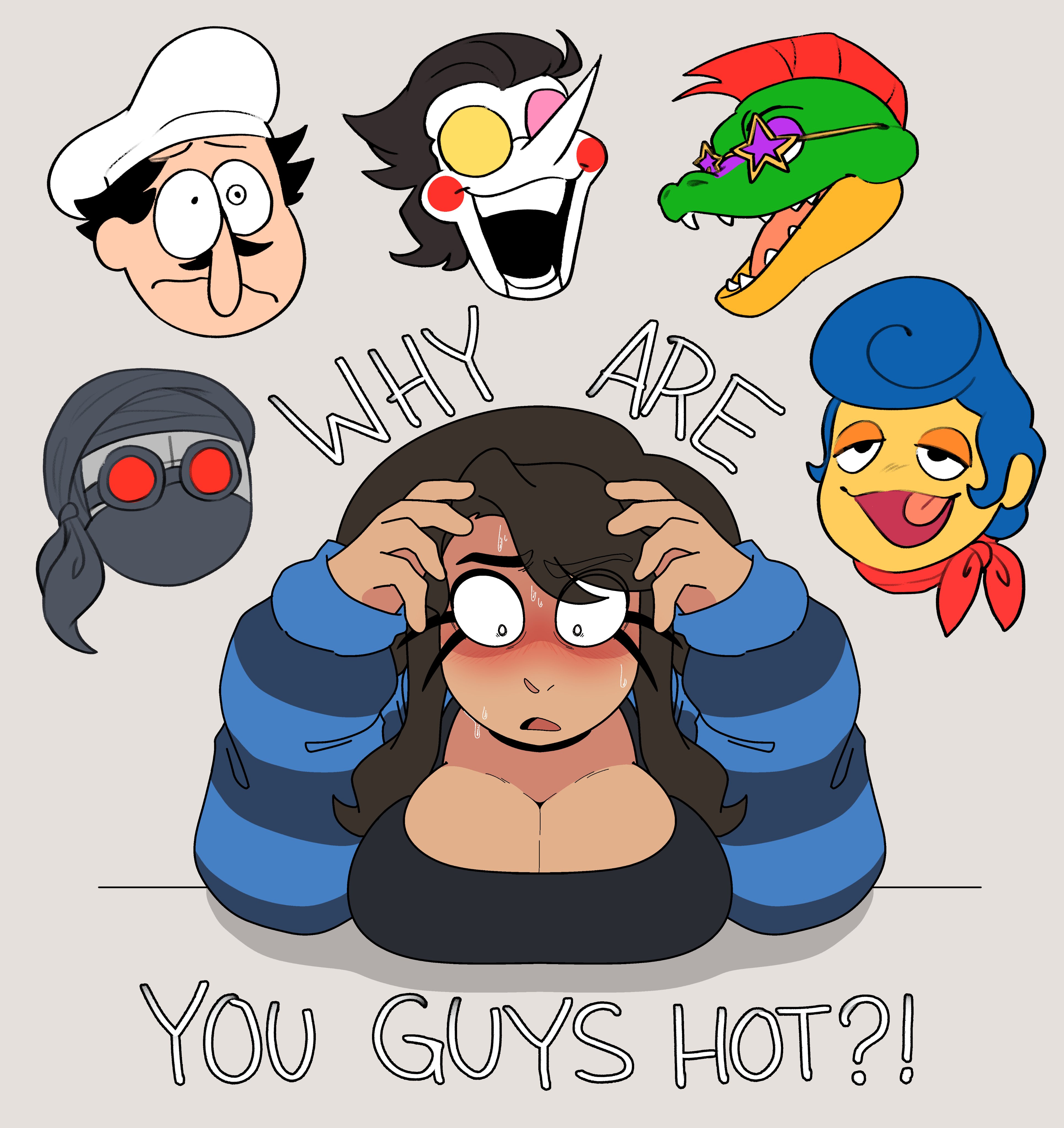lizielewddle, hank j. wimbleton, lizielewddle (character), peppino spaghetti, blush, cleavage, flustered, montgomery gator (fnaf), paeonypetals, peonypetals, spamton g spamton, wally darling (welcome home), 
