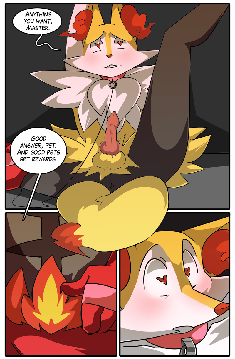 braixen, incineroar, nintendo, comic, english text, hi res, text, 2021, animal genitalia, animal penis, anthro, anthro on anthro, anus, balls, black body, black fur, blush, canine penis, collar, dialogue, duo, erection, fur, genitals, heart, kingbriarturtle, knot, male, male/male, penis, pokemon, presenting, presenting penis, raised leg, red body, red fur, spread legs, spreading, video games, 
