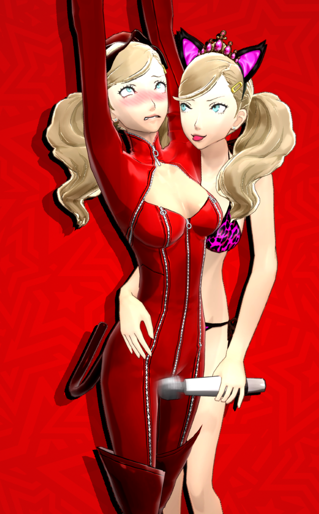 onmodel3d, ann takamaki, persona 5, 3d, arms above head, bikini, blonde hair, blue eyes, blush, bodysuit, bondage, breasts, cat ears, duo, femdom, femsub, hitachi magic wand, lezdom, multiple girls, rolling eyes, selfcest, tongue out, vibrator, yuri, 