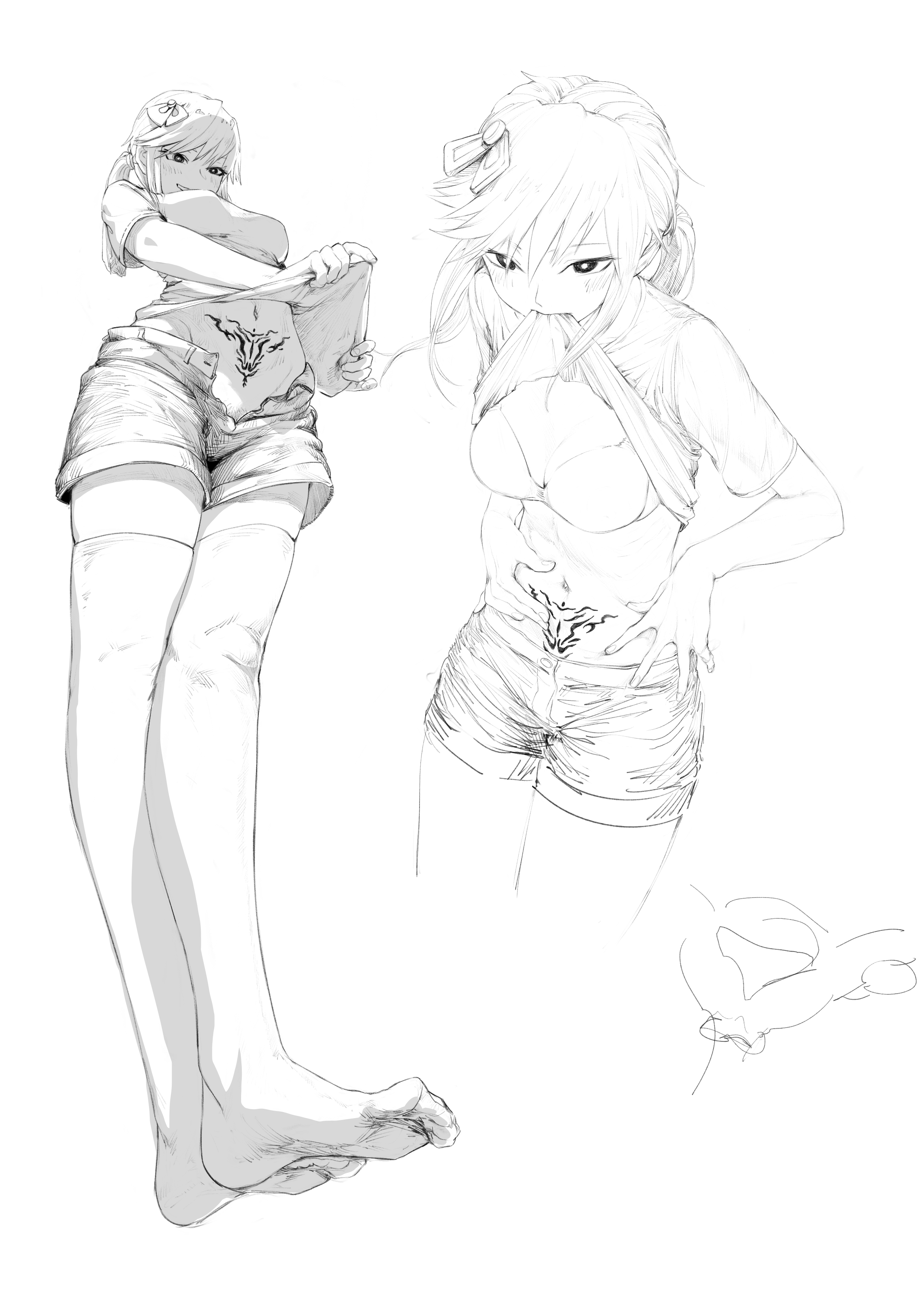original, absurdres, greyscale, highres, monochrome, simple background, sketch, white background, b9 (rrrqqq), blush, bra, female, fingernails, hair between eyes, hair ornament, hatching (texture), lifted by self, long hair, multiple views, navel, no shoes, pubic hair, pubic hair peek, pubic tattoo, shorts, smile, tattoo, thighhighs, underwear, uterus, 
