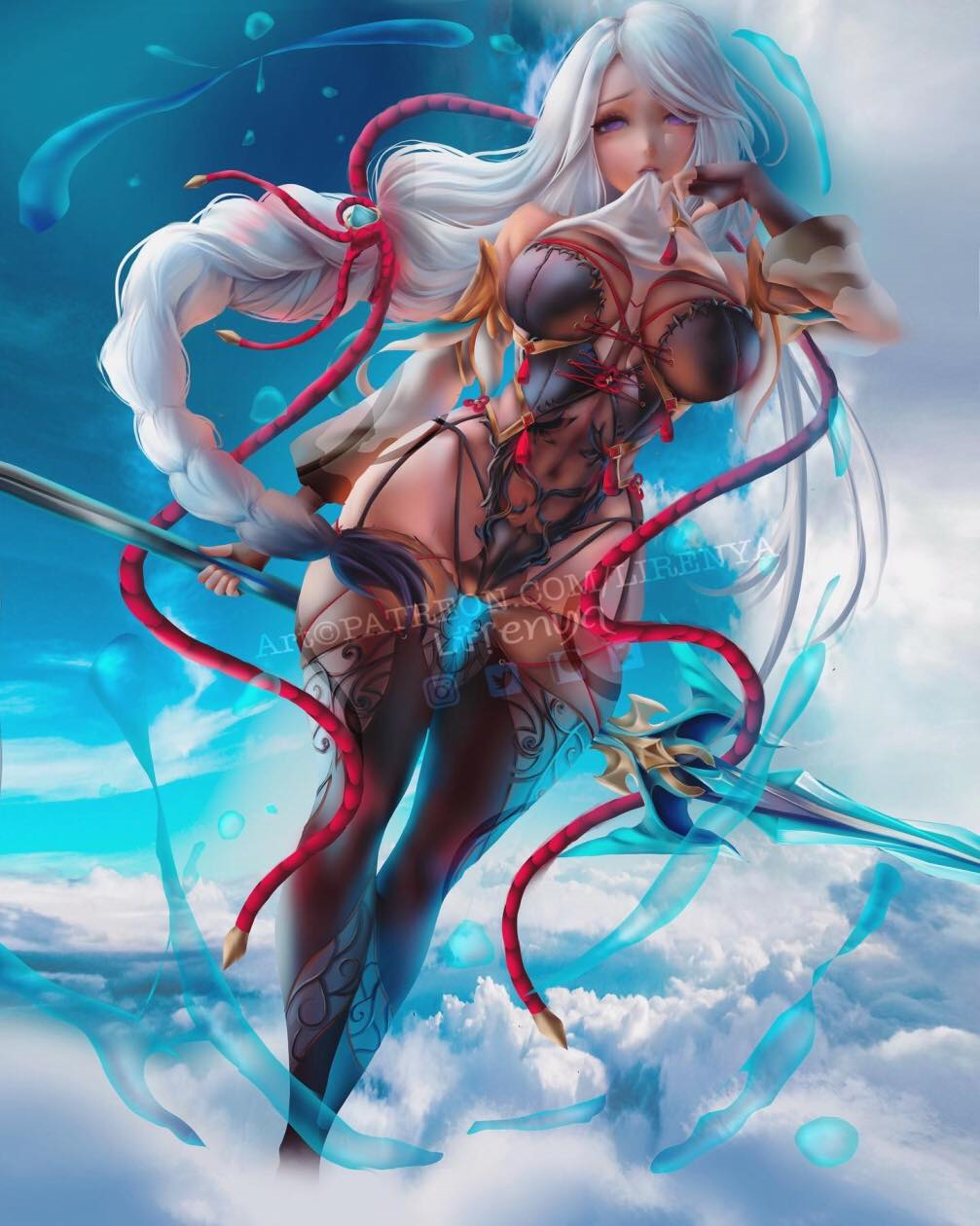 blue background, cute, genshin impact, lingerie, lirenya, long hair, shenhe (genshin impact), sky, violet eyes, warrior, white hair, 
