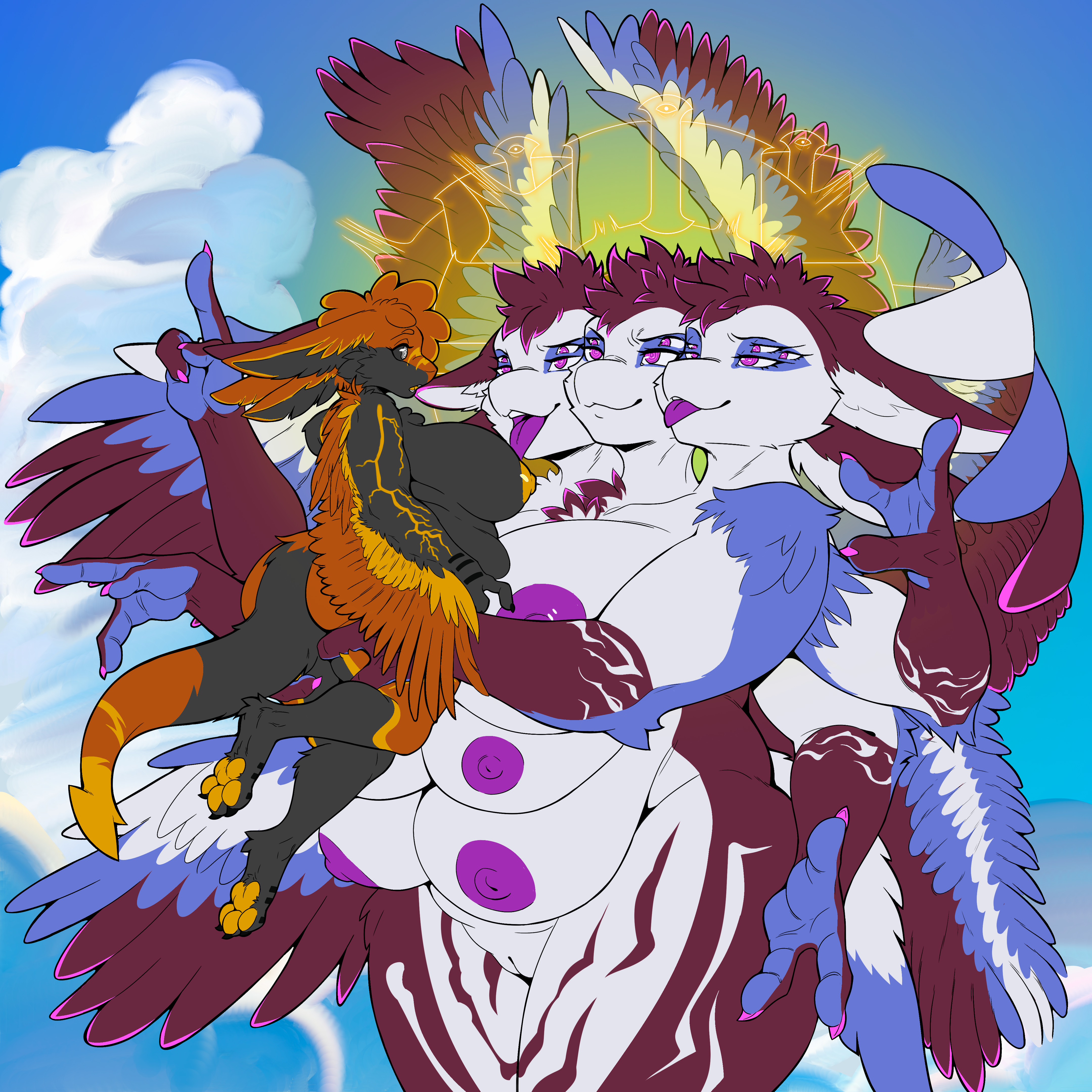 3_fingers 3_heads 3_toes 4_ears 6_areolas 6_arms 6_breasts 6_eyes 6_nipples absurd_res anthro areola avali avian biblically_accurate_angel big_breasts black_body black_breasts black_claws black_feathers black_inner_ear black_sclera black_tail blep blue_sky breasts burgundy_ears burgundy_feathers burgundy_hair claws cloud duo eye_contact feather_hair feathers feet female female_(lore) female_anthro fingers genitals gold_areola gold_areolas gold_insides gold_mouth gold_nipples gold_tongue golden_nipples golden_pawpads hair herm_(lore) hi_res holding_character huge_breasts hypnosis hypnotic_eyes kayu_(wyldfyrteam) larger_anthro larger_female looking_at_another mind_control mouth_closed multi_arm multi_breast multi_ear multi_eye multi_head multi_limb multi_nipple nipples non-mammal_areolas non-mammal_breasts non-mammal_nipples nude nude_anthro nude_female open_mouth orange_body orange_ears orange_feathers orange_hair orange_tail overweight overweight_anthro overweight_female pawpads pink_claws pseudo_hair purple_areola purple_body purple_eyes purple_feathers purple_insides purple_mouth purple_nipples purple_tongue size_difference sky smaller_anthro smaller_female tail toes tongue tongue_out untier vulva white_body white_breasts white_eyes white_feathers white_inner_ear winged_arms wings wyrmlet yellow_areola yellow_body yellow_feathers yellow_insides yellow_mouth yellow_nipples yellow_pawpads yellow_tongue