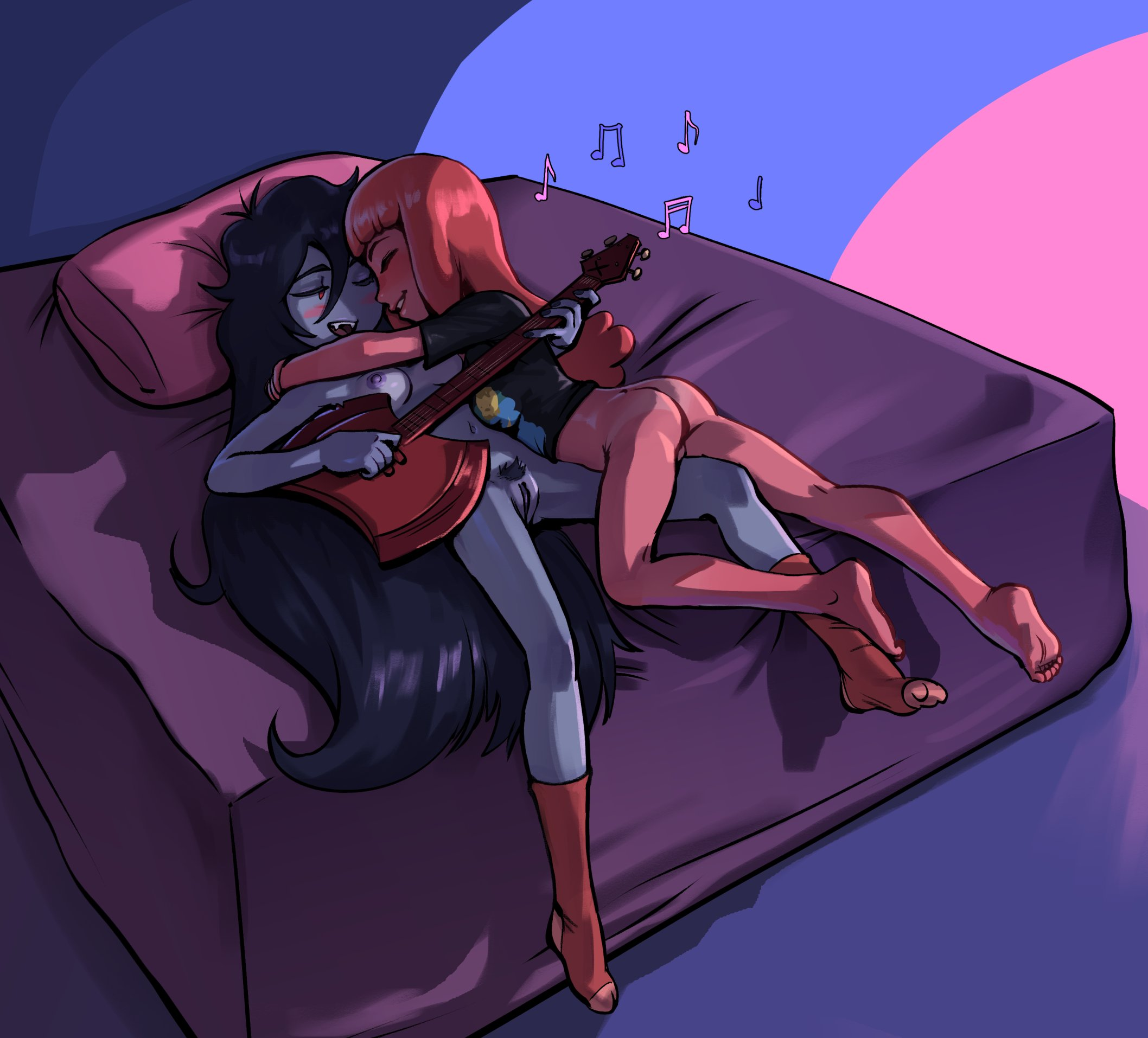 2024 2girls adventure_time ass bed black_hair blush breasts canon_couple cartoon_network cuddling fangs feet female female_focus female_only grey_body grey_skin guitar hugging laying_down long_hair lying_on_back marceline marceline_abadeer musical_note nipples pears_(artist) pink_body pink_hair pink_skin princess_bubblegum pubic_hair pussy shirt shirt_only socks socks_only vampire vampire_girl yuri
