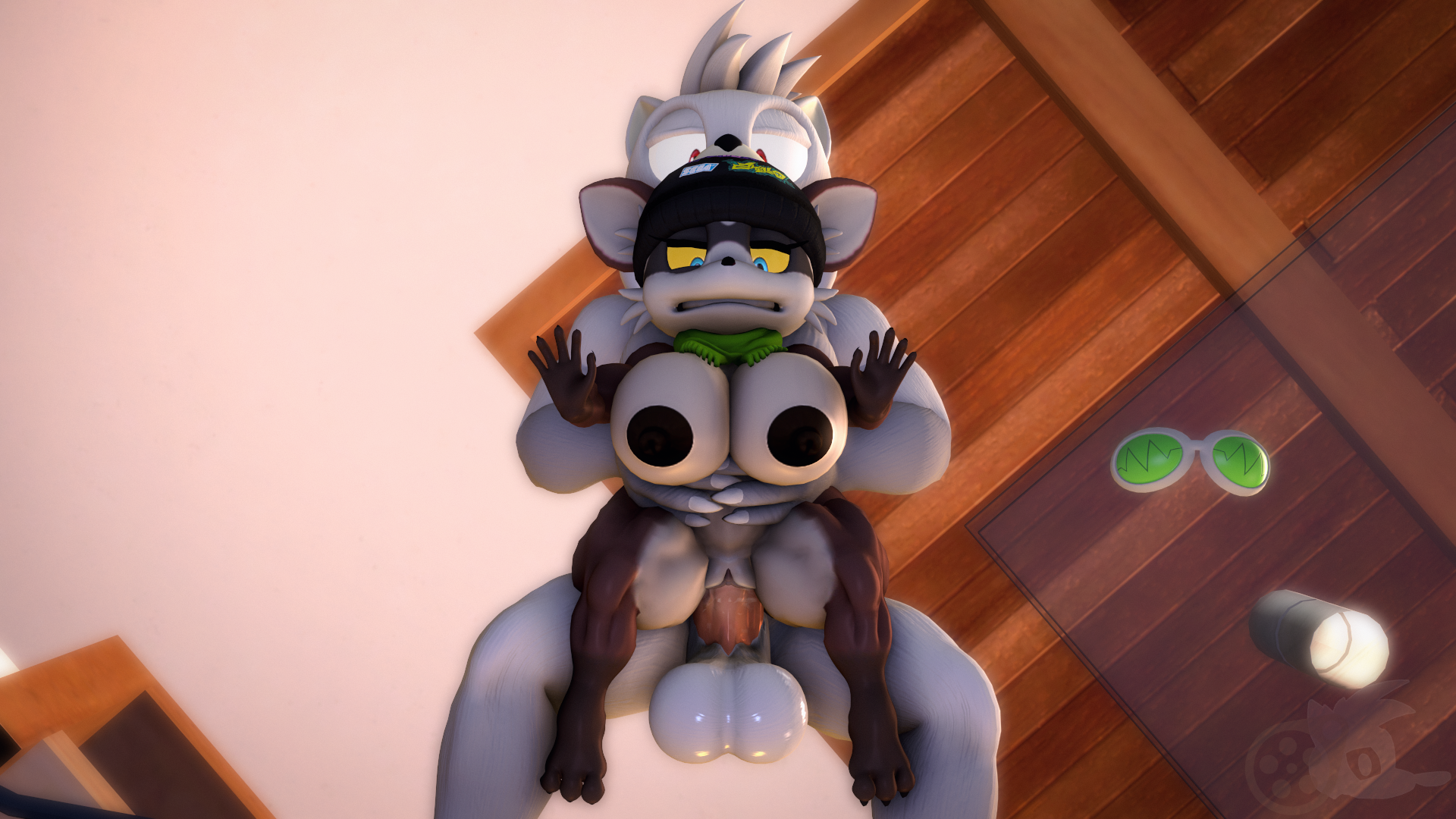 3d adam_(juicyducksfm) anthro balls beanie big_balls big_breasts big_penis blue_eyes bodily_fluids bottom_view breasts brown_body brown_fur bytes_(character) canid canine canis clenched_teeth clothing digital_media_(artwork) doggy_style duo eyewear fan_character female from_behind_position fur furniture genital_fluids genitals goggles grey_body grey_fur hand_on_leg hand_on_thigh hat headgear headwear hi_res holding_another inside juicyducksfm lamp looking_at_another looking_down male male/female mammal muscular muscular_anthro muscular_male on_ground penetration penis procyonid pussy raccoon red_eyes scarf sega sex size_difference sofa sonic_(series) sonic_the_hedgehog_(series) source_filmmaker_(artwork) standing table teeth vaginal_fluids vaginal_penetration white_body white_fur wolf