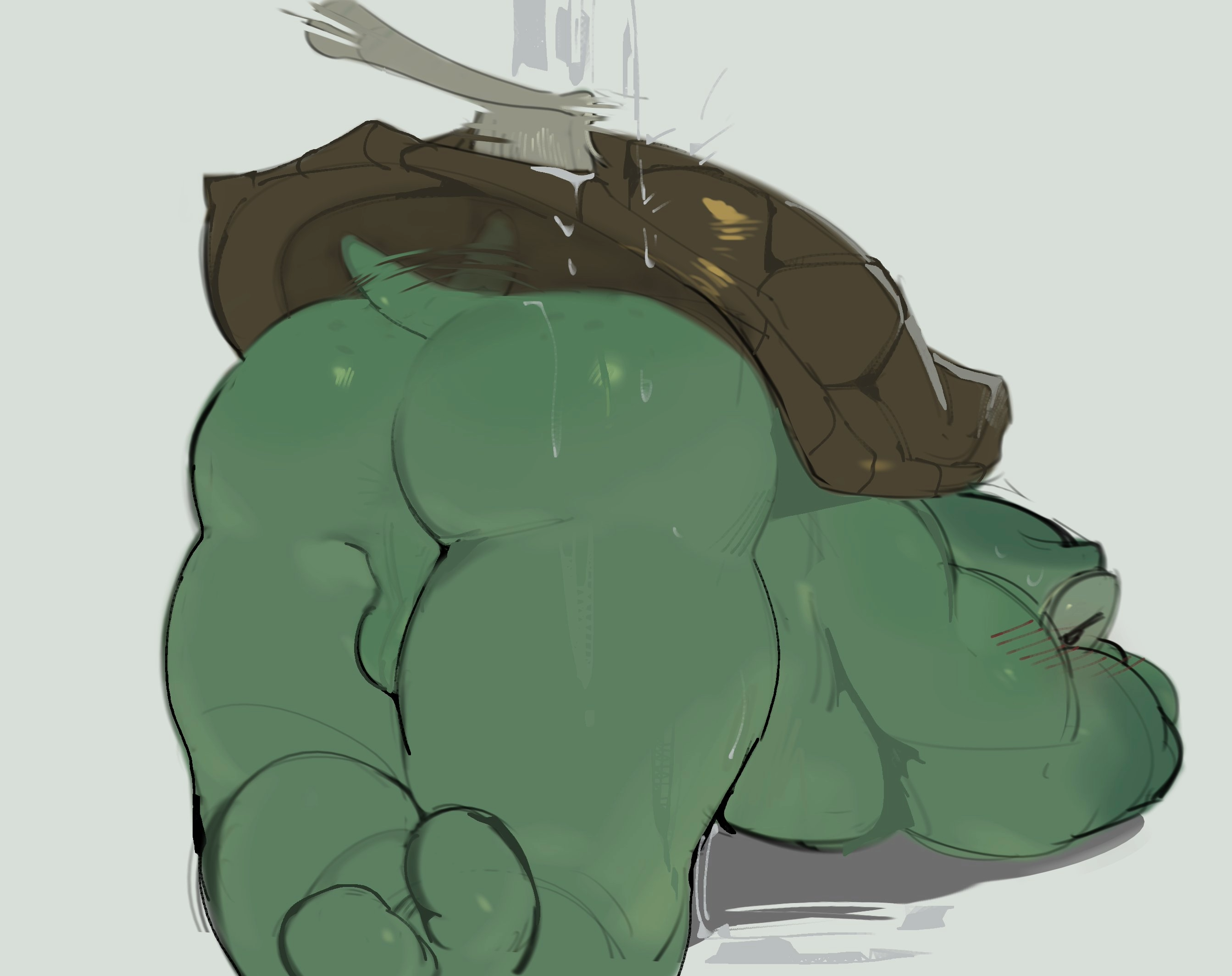 2024 all_fours anthro ass ass_up balls bathing biceps black_eyes blush blush_lines brown_shell brush cleaning eyewear feet gay gay_male genitals glasses green_balls green_body green_perineum green_scales green_tail hi_res kogito looking_back male male_anthro motion_blur motion_lines muscular muscular_anthro muscular_male nude nude_anthro nude_male pecs perineum quads rear_view reptile round_glasses scales scalie shell short_tail simple_background solo tail tail_motion tailwag thick_thighs turtle water white_background yaoi