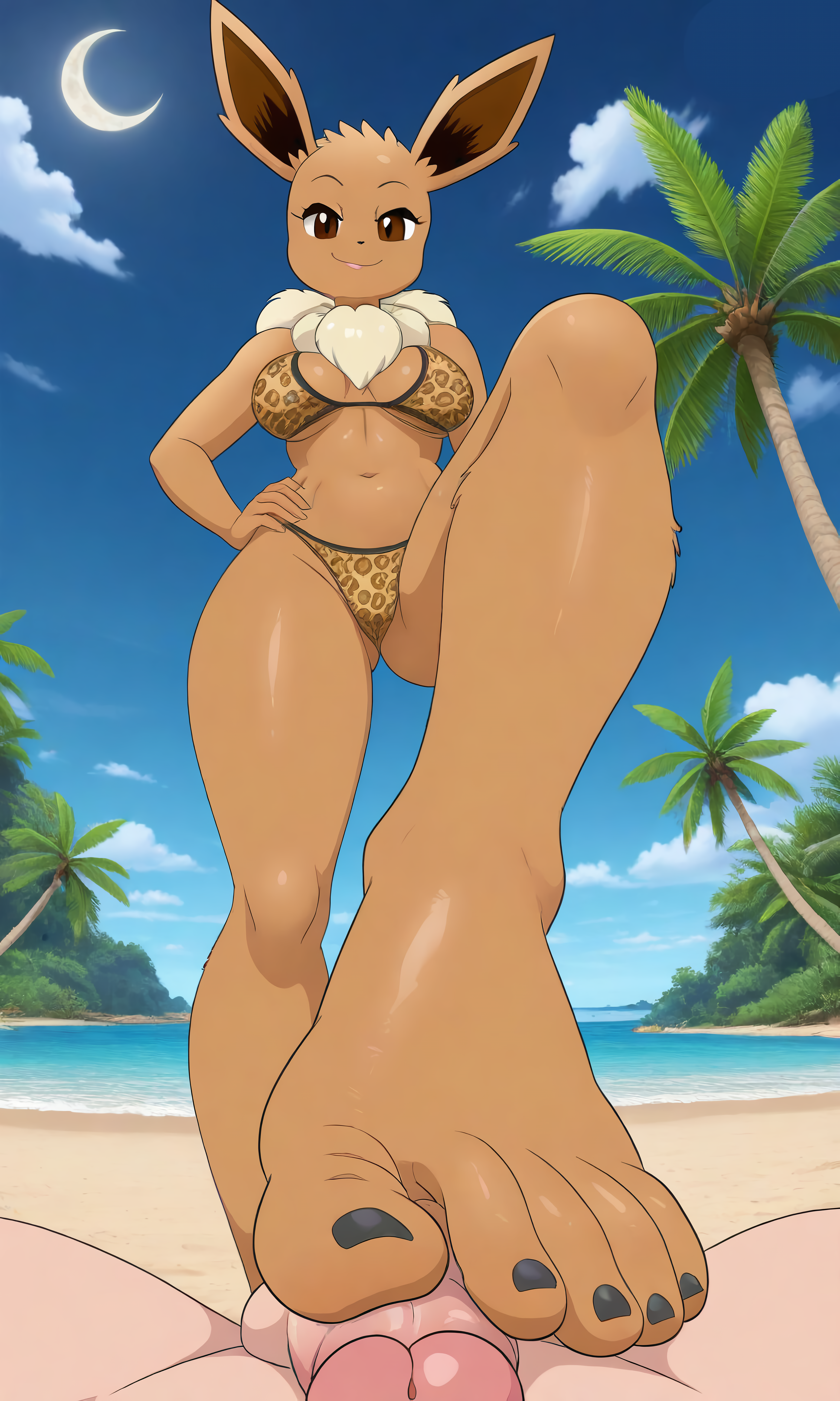 1boy 1girl ai_generated barefoot eevee feet female footjob furry furry_female human leopard_print_bikini navel penis pokemon toenails toes