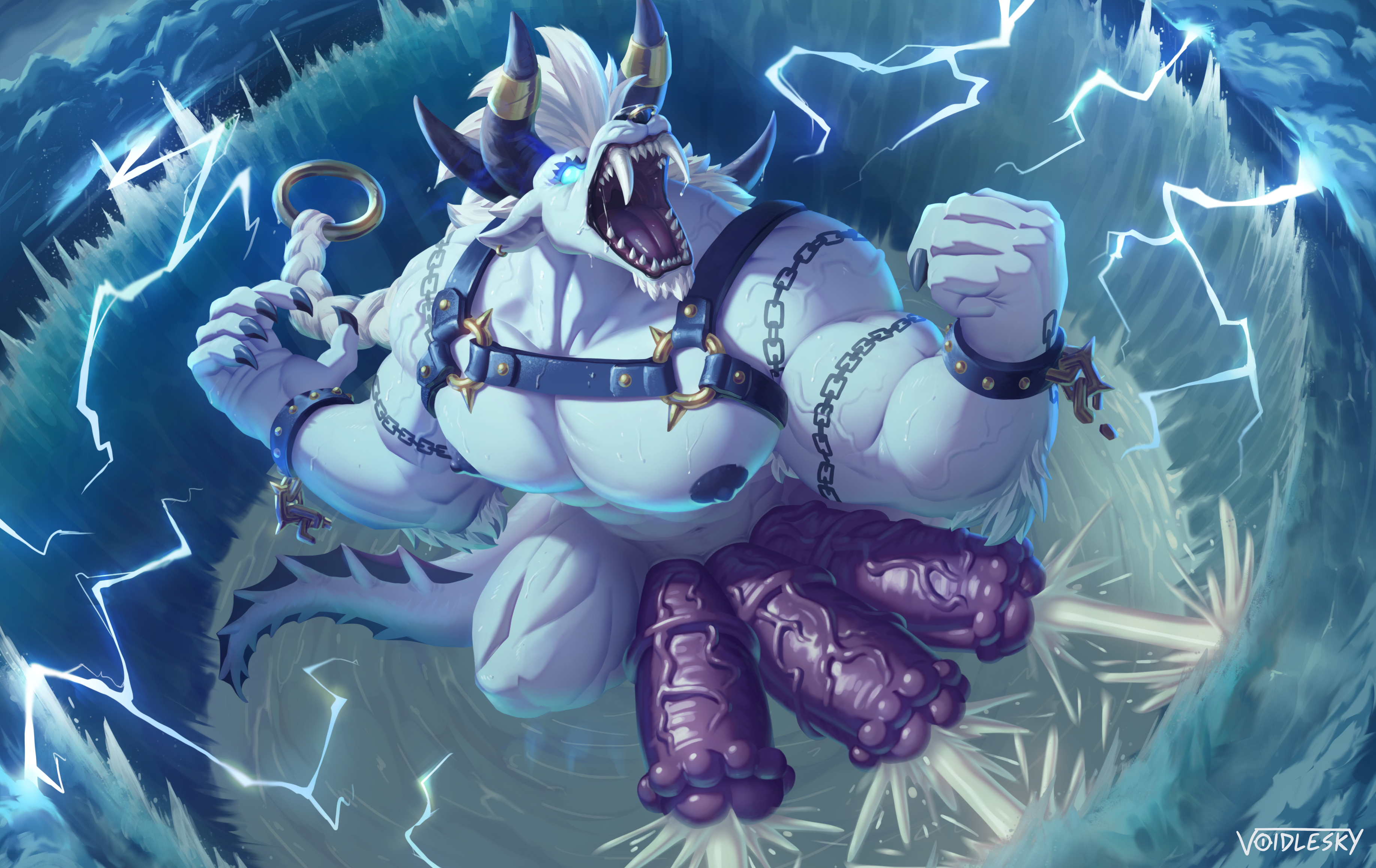 voidlesky, lightning, final fantasy, square enix, absurd res, hi res, angry, behemoth (ff), bodily fluids, cum, cum on water, cumshot, ejaculation, electricity, flared penis, genital fluids, genitals, hair, harness, leather, leather harness, long hair, macro, male, multi genitalia, multi penis, penis, vein, veiny penis, 
