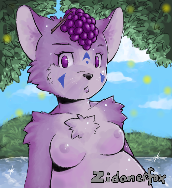 zidanerfox, grape, color, chest tuft, day, feline, forest, fruit, fur, furry, nude, outdoors, purple, tree, 