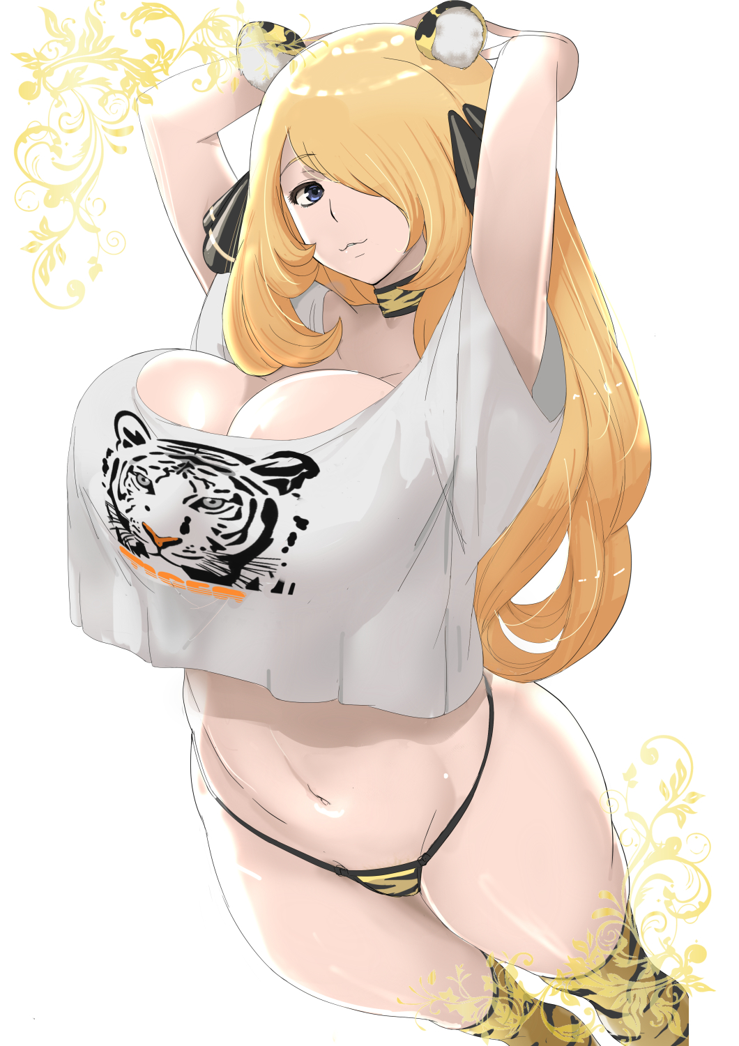 cynthia (pokemon), pokemon dppt, big breasts, blonde hair, clothing, female, female only, hair over one eye, large breasts, light-skinned female, long hair, looking at viewer, panties, pokemon, shirt, stockings, 