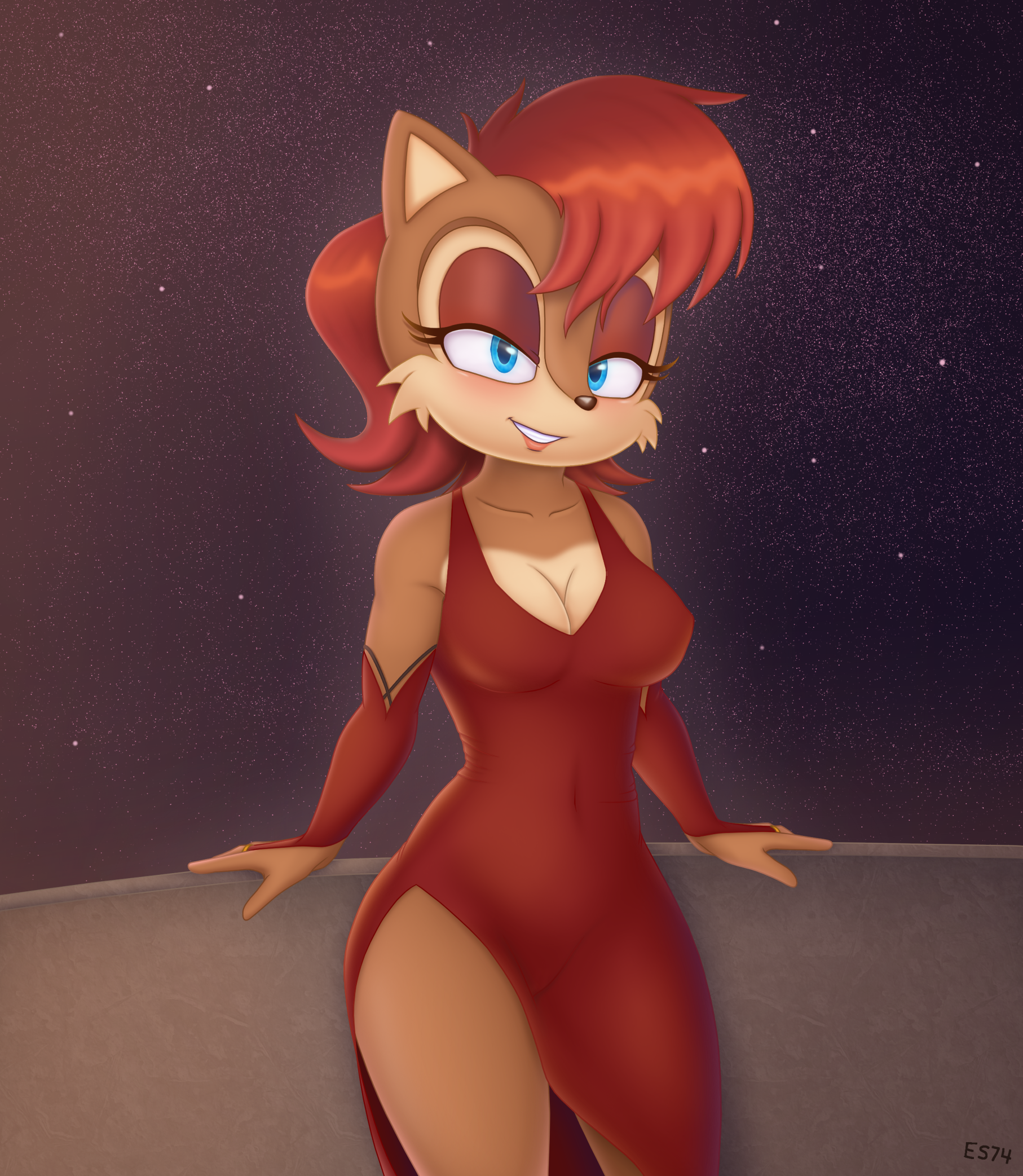 es74, sally acorn, sega, sonic (series), sonic satam, 2019, 2d, color, colored, digital media (artwork), hi res, 1girls, 5 fingers, against wall, animal ears, anthro, anthrofied, armwear, bedroom eyes, big breasts, biped, blue eyes, blush, breasts, brown fur, camel toe, chipmunk, cleavage, clothed, clothing, collarbone, dress, eyelashes, eyeshadow, female, female only, fur, ground squirrel, hair, half-closed eyes, humanoid hands, lipstick, looking at viewer, makeup, mammal, navel, night, outside, red hair, rodent, sciurid, seductive, sky, smile, solo, standing, star, starry sky, thick thighs, tight clothing, wide hips, 