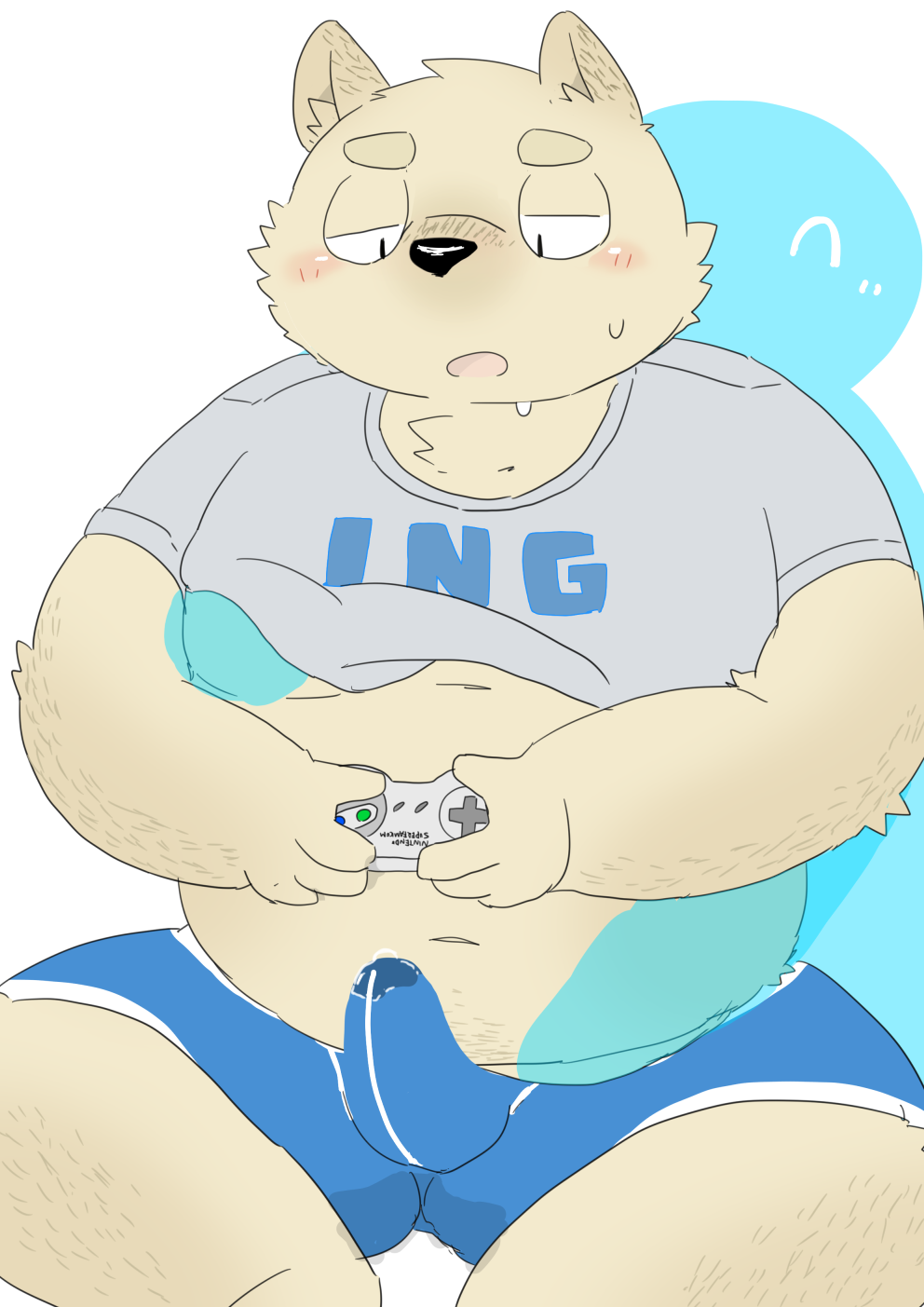 2016, anthro, belly, black nose, blush, bulge, canid, canine, canis, clothed, clothing, cum, domestic dog, duo, erection, hug, hugging from behind, male, mammal, och5, open shirt, overweight, overweight male, shirt, sitting, topwear, underwear, video games, yaoi, 
