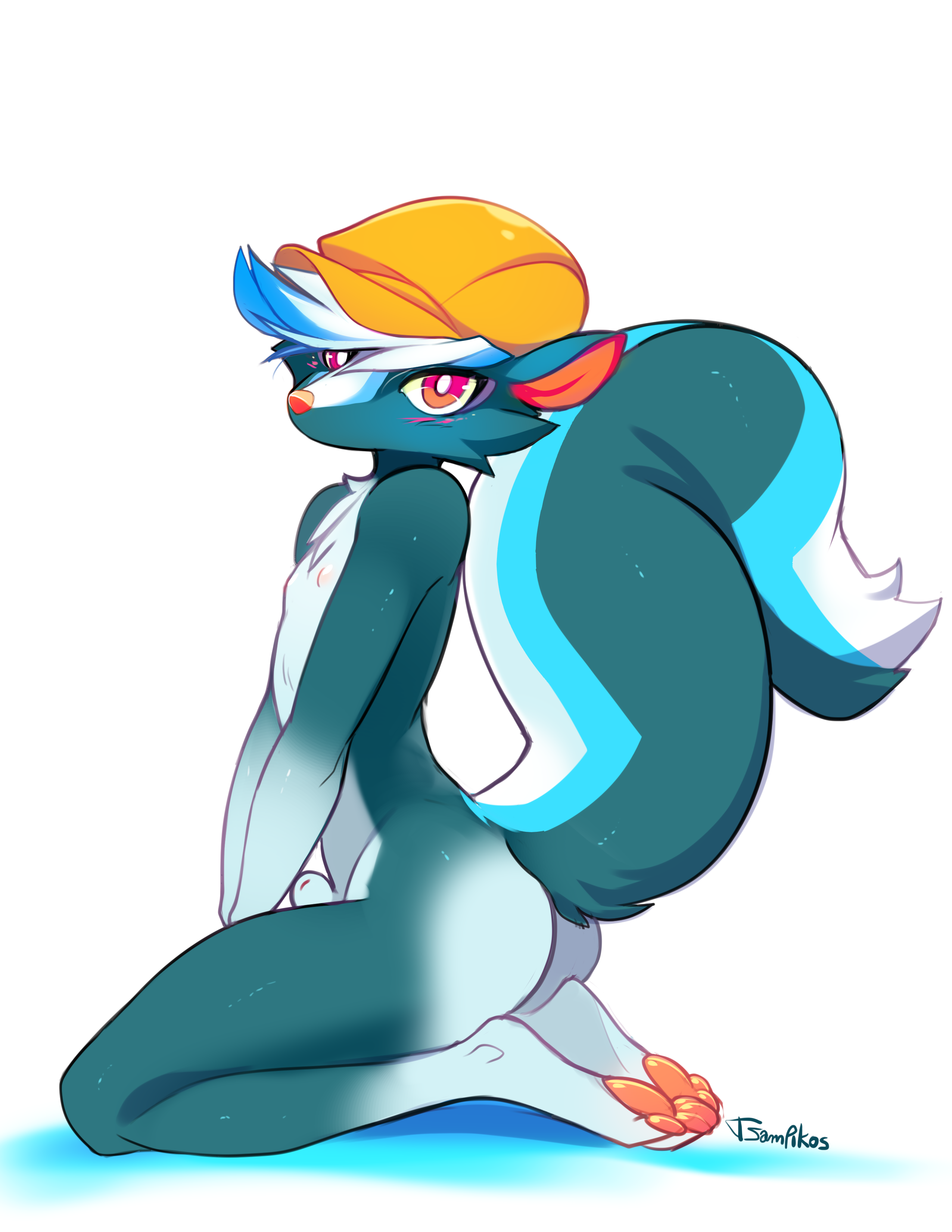 tsampikos, kicks (animal crossing), animal crossing, nintendo, absurd res, hi res, simple background, white background, anthro, ass, blush, clothing, fluffy, fluffy tail, girly, hat only, headgear, headwear, looking at viewer, male, mammal, mephitid, mostly nude, pawpads, skunk, solo, video games, 