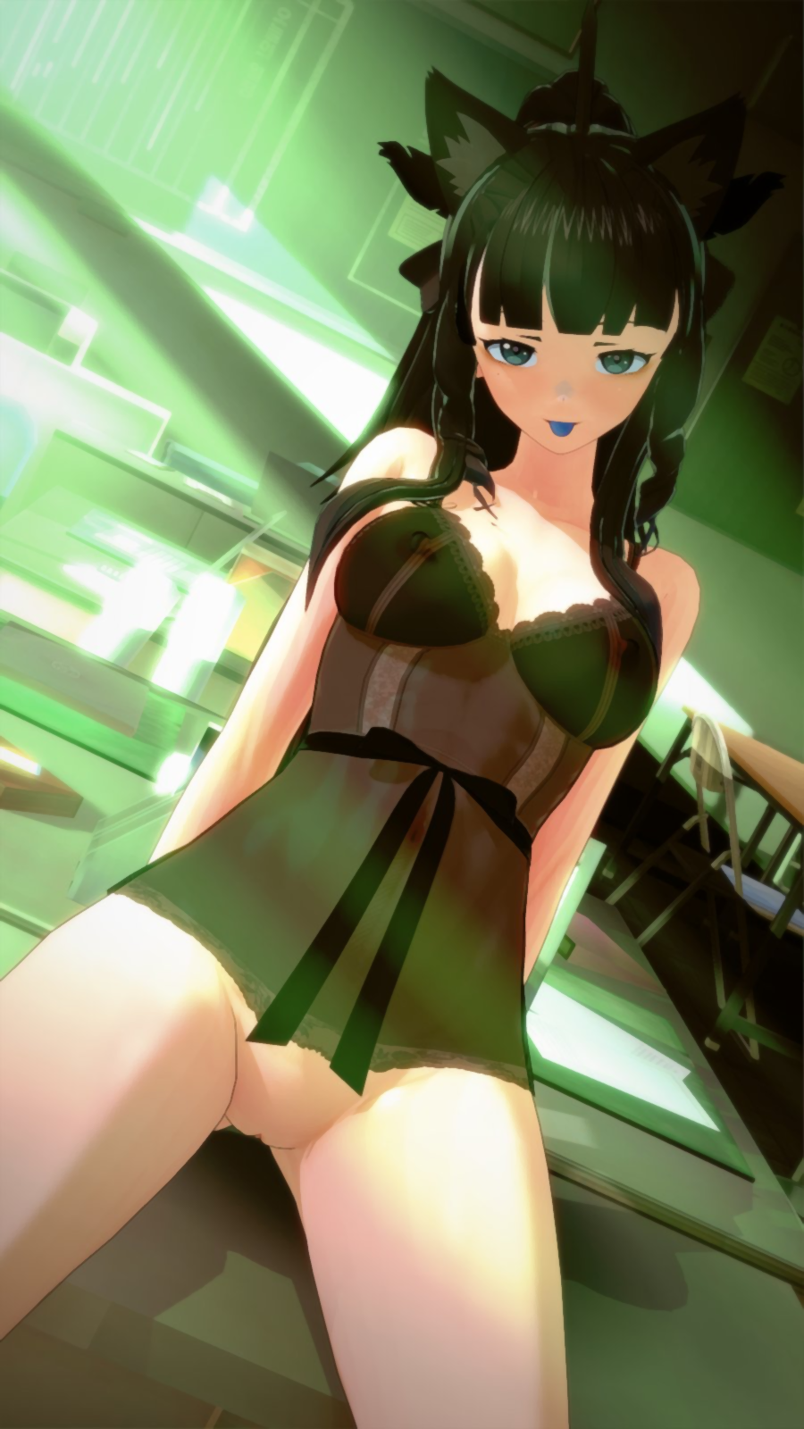 1girls 3d alternate_version_available artemis_of_the_blue atelier_live bangs black_hair black_ribbon blue_tongue breasts cat_ears exposed_breasts female indie_virtual_youtuber light-skinned_female light_skin looking_at_viewer on_counter ponytail shark_fin shark_girl solo_female uncensored virtual_youtuber vtuber yabelive