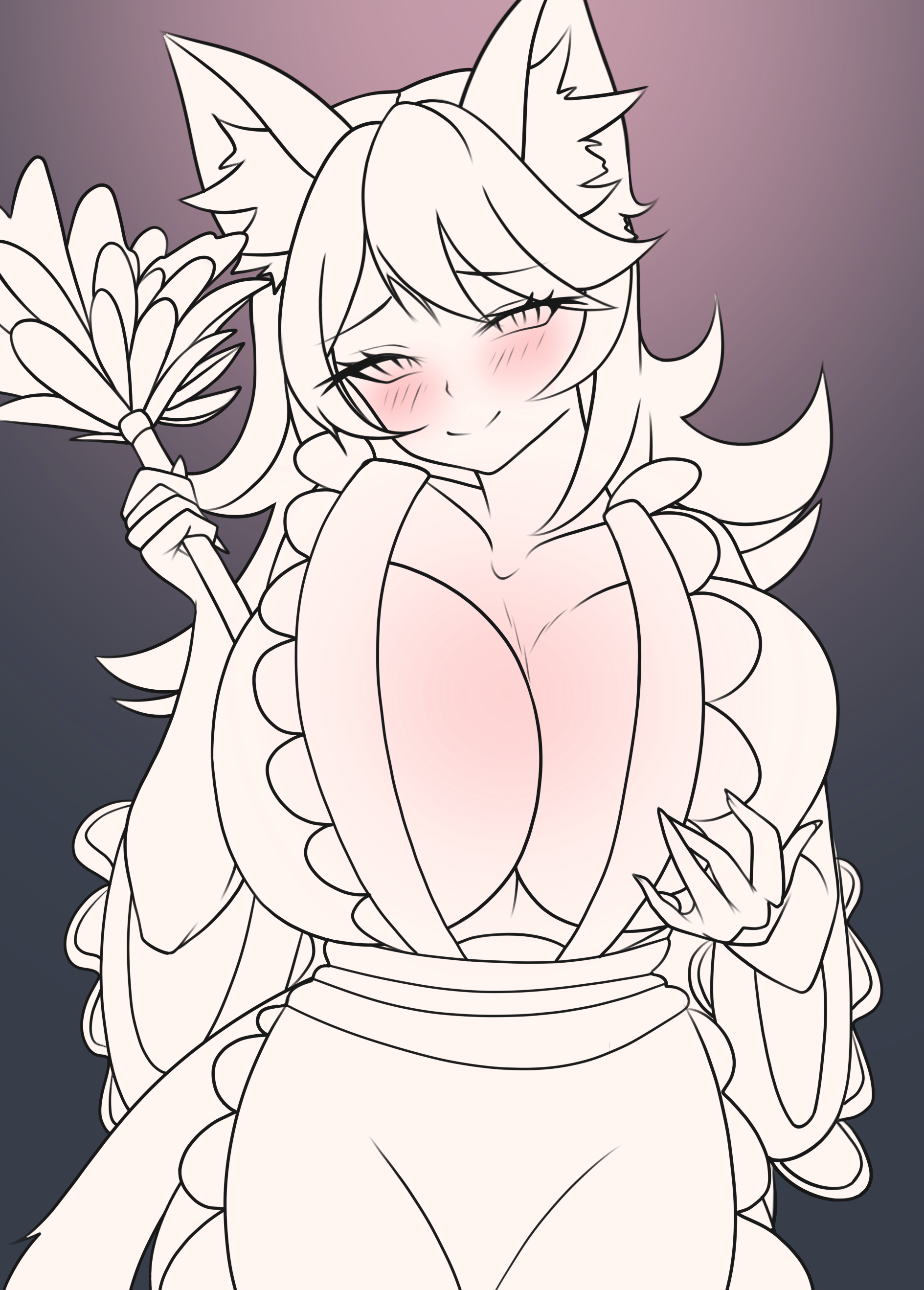 big_breasts black_hair blush blushing_at_viewer boob_window breasts_bigger_than_head cat_ears cat_tail catgirl feather_duster holding_object holding_own_breast long_hair looking_at_viewer maid maid_outfit maid_uniform neko squeezing_breasts squeezing_breasts_together streamer thatspookynekogirl twitch virtual_youtuber vtuber vtuberfanart