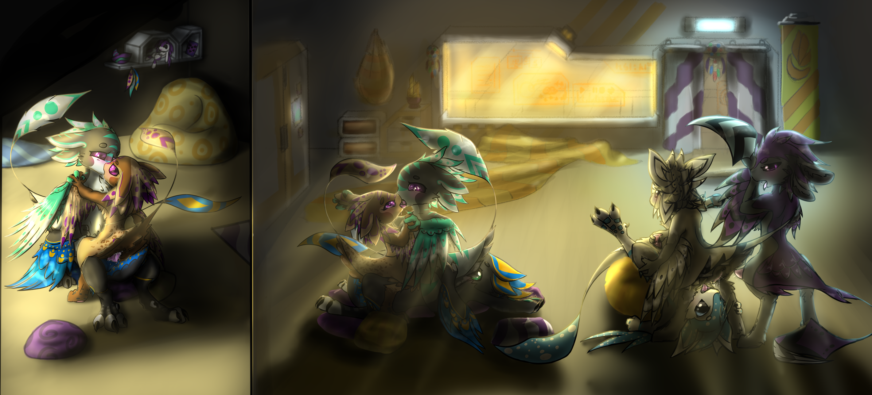lighting, oreo (colorshy), 2018, hi res, 4 ears, animal genitalia, anthro, anthro on anthro, ass, avali, avian, bean bag, biped, blush, claws, cloaca, cloacal penetration, countershading, cunnilingus, curtains, detailed background, dildo, dripping, feathers, female, french kissing, genital slit, group, group sex, inside, kazun, kissing, lying, male, multi ear, nesa-nesya, nude, open mouth, oral, orgy, penetration, penis, pillow, sex, sex toy, shadow, sitting, slit, straight, tail feathers, threesome, toe claws, toes, tongue, tongue out, vaginal penetration, window, windows (disambiguation), winged arms, wings, yuri, 