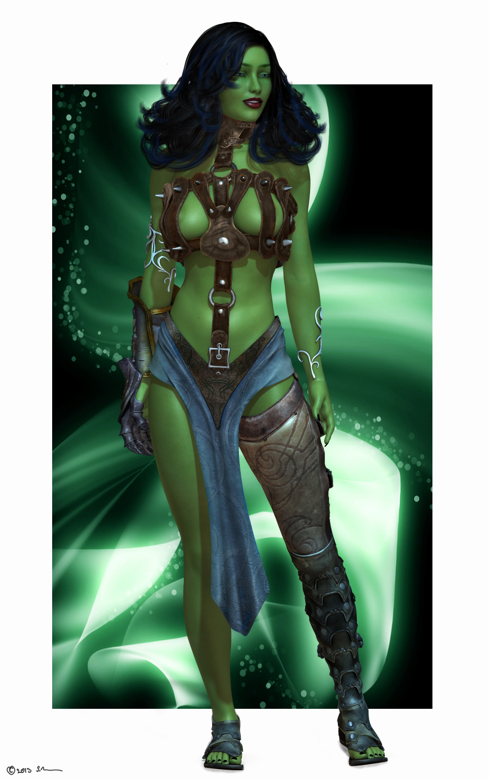 star trek, 3d, 1girls, black hair, blue eyes, gauntlets, green skin, large breasts, loincloth, orion (species), revealing clothes, unconvincing armor, vaspiira, 