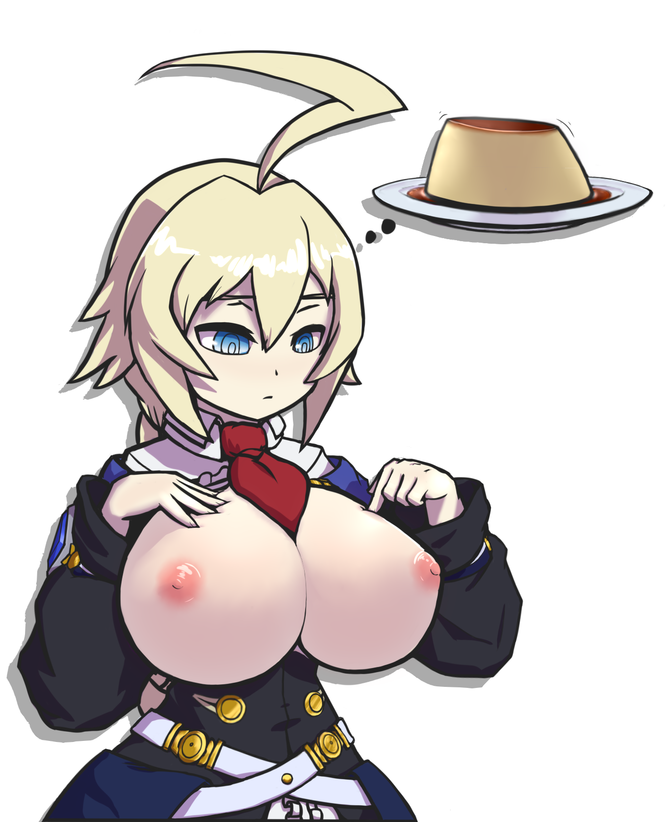 es (xblaze), blazblue, xblaze, xblaze code: embryo, highres, thought bubble, ahoge, asura senki, belt, blue eyes, braid, breasts, breasts out, cleavage, deep skin, expressionless, female, food, huge ahoge, huge breasts, impossible clothes, multiple belts, narrow waist, necktie, nipples, pudding, red necktie, ringed eyes, single braid, solo, underbust, 