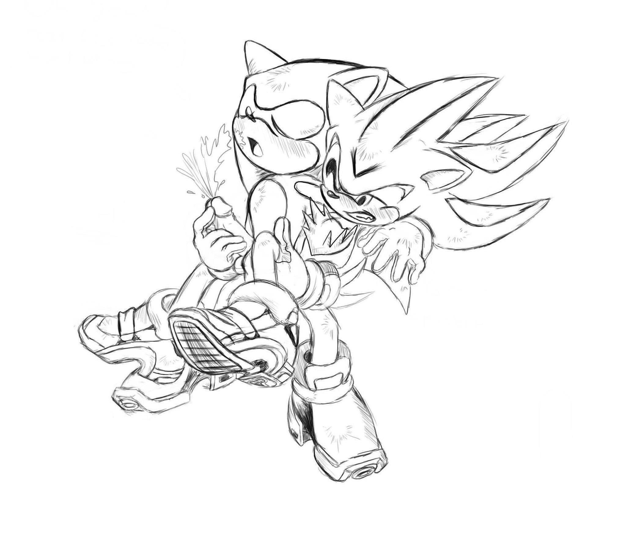 shadow the hedgehog, sonic the hedgehog, sega, sonic (series), black and white, monochrome, white background, anal, anal sex, anthro, black, chest tuft, cum, cumshot, gloves, hedgehog, male, male only, multiple males, open mouth, orgasm, penetration, penis, plain background, sex, tongue, yaoi, 