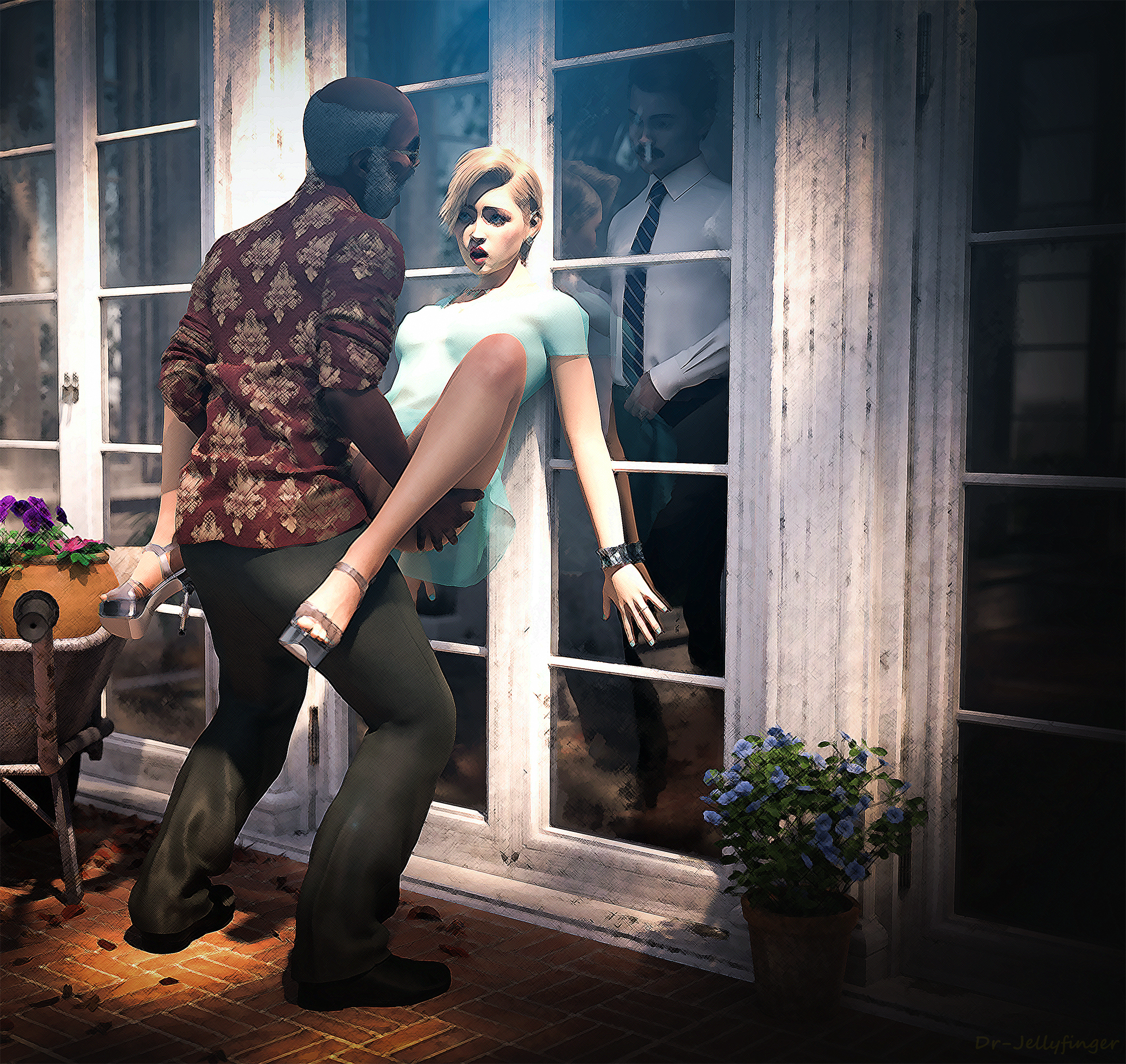 3d, 1girls, 2boys, blonde hair, cuckold, dark-skinned male, dark skin, drjellyfinger, female, interracial, male, 