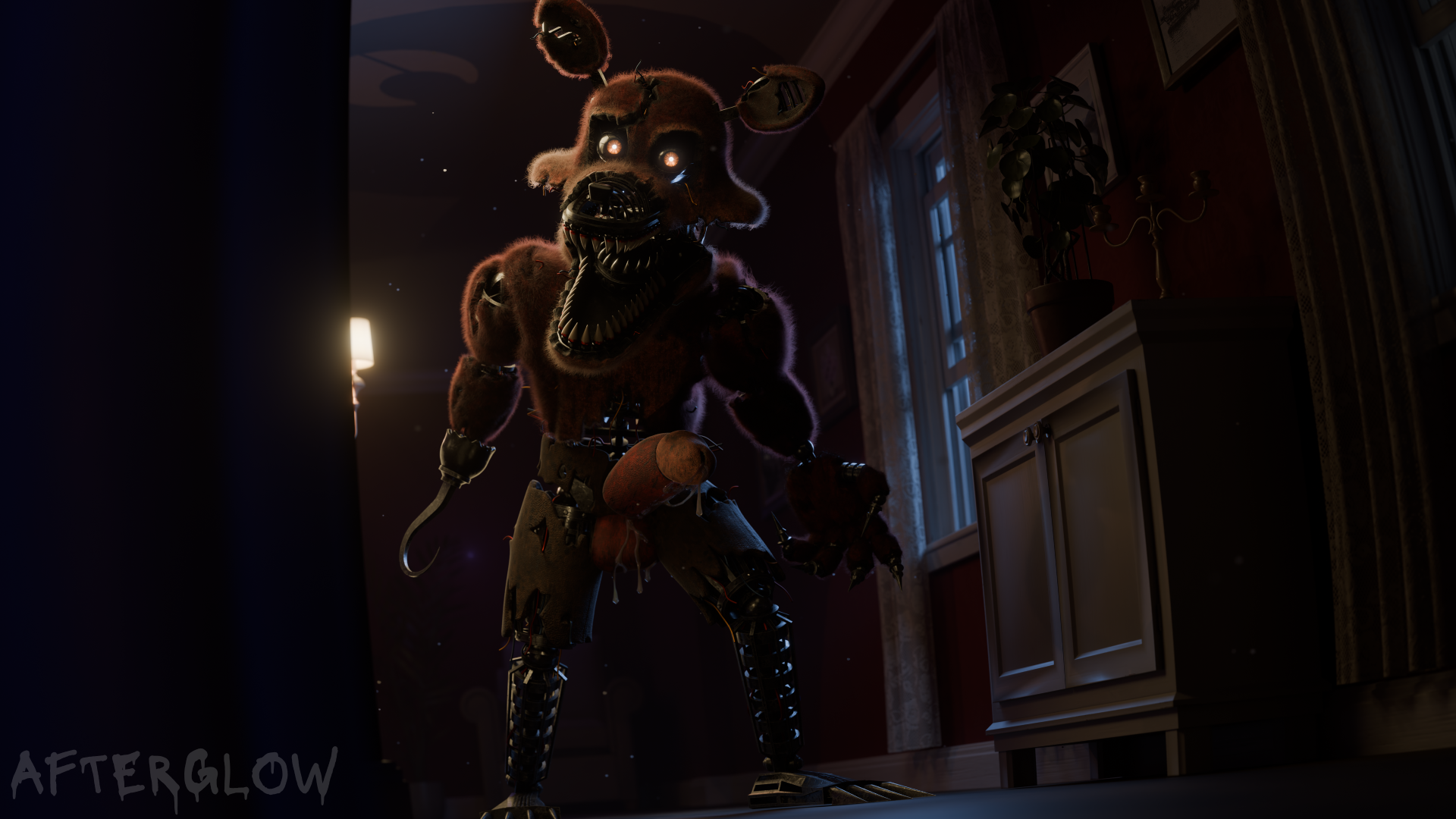 afterglownsfw animatronic anthro bodily_fluids building canid canine cum cum_dripping_from_penis cum_on_penis five_nights_at_freddy's five_nights_at_freddy's_4 fox genital_fluids genitals hallway hi_res hook house machine male mammal nightmare_foxy penis pirate robot scottgames solo