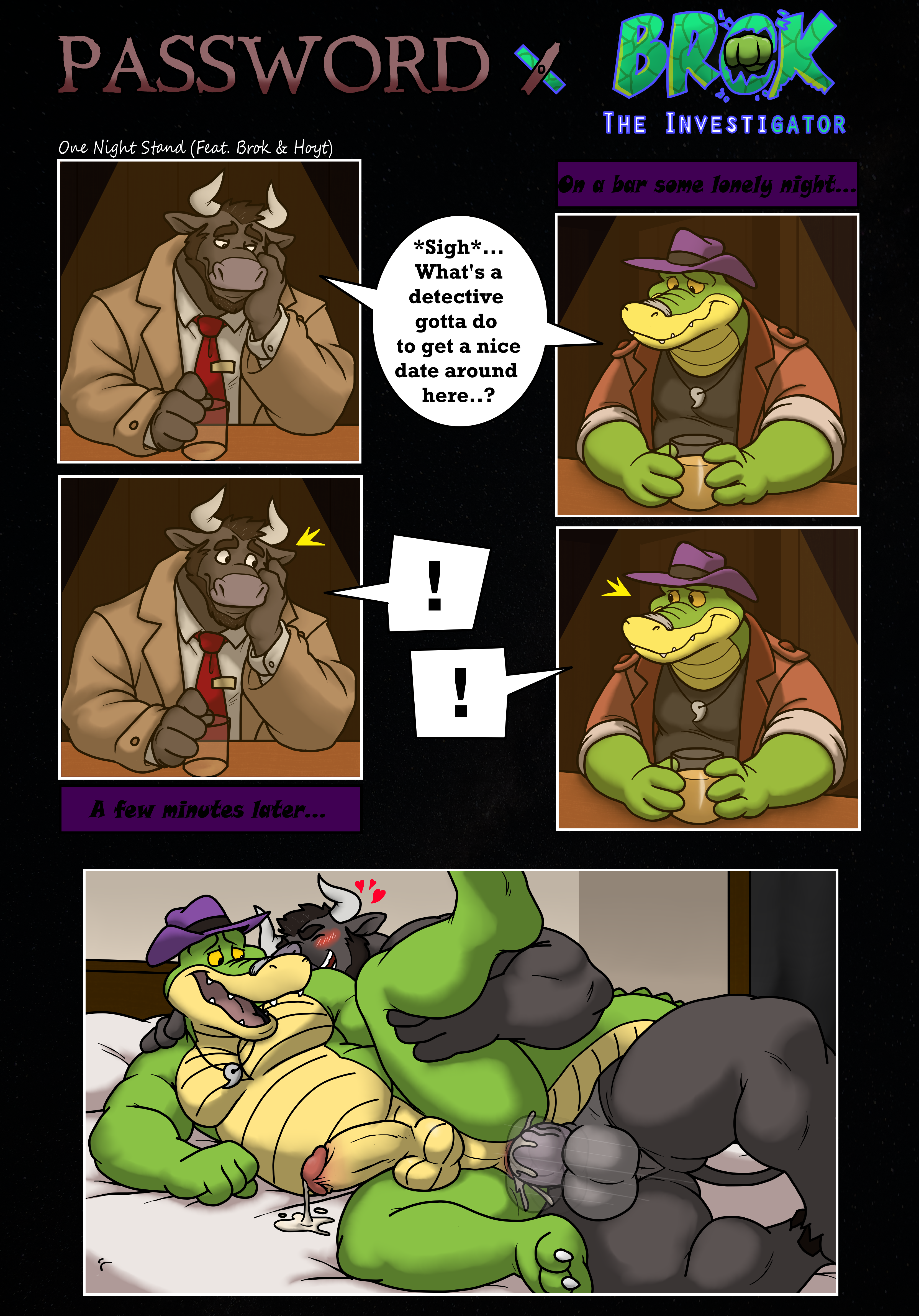 4_fingers absurd_res alcohol alligator alligatorid anal anal_sex anthro ass balls balls_deep bandage bar beads beard bed bedroom bedroom_sex beverage blush blush_lines bodily_fluids bovid bovine brok_(brok_the_investigator) brok_the_investigator cattle clothing coat comic container cowcat_games crocodilian crossover cum cum_inside cup dialogue duo ejaculation facial_hair fedora fingers furniture genital_fluids genitals glass glass_container green_body grey_body greying_hair hair happy happy_sex hat headgear headwear heart_symbol hi_res hooves horn hoyt_(password) human humanoid jewelry leg_grab looking_at_genitalia looking_down looking_pleasured lying magatama male male/male mammal myuger necklace necktie on_model on_side open_mouth password_(visual_novel) penetration penis reptile sad scalie sex smile speech_bubble table tail thrust thrusting topwear