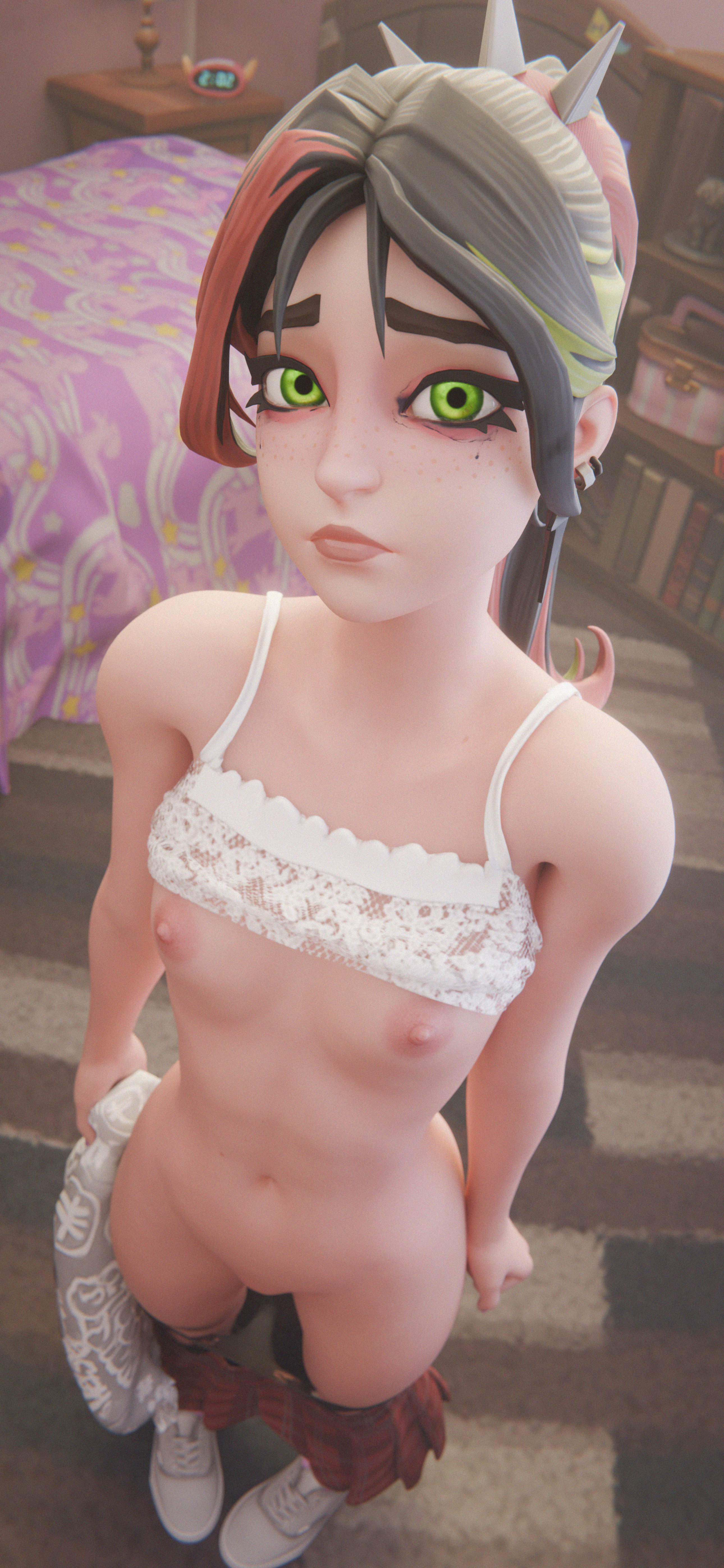 bedroom bra bra_lift bra_up exposed_breasts flat_chest fortnite helsie_(fortnite) holding_shirt imminent_sex looking_at_viewer looking_up mostly_nude nervous panties_down pussy pussy_peek running_mascara skirt skirt_down small_breasts smaller_female stomach tiny_female tiny_waist tm04 tummy undressed