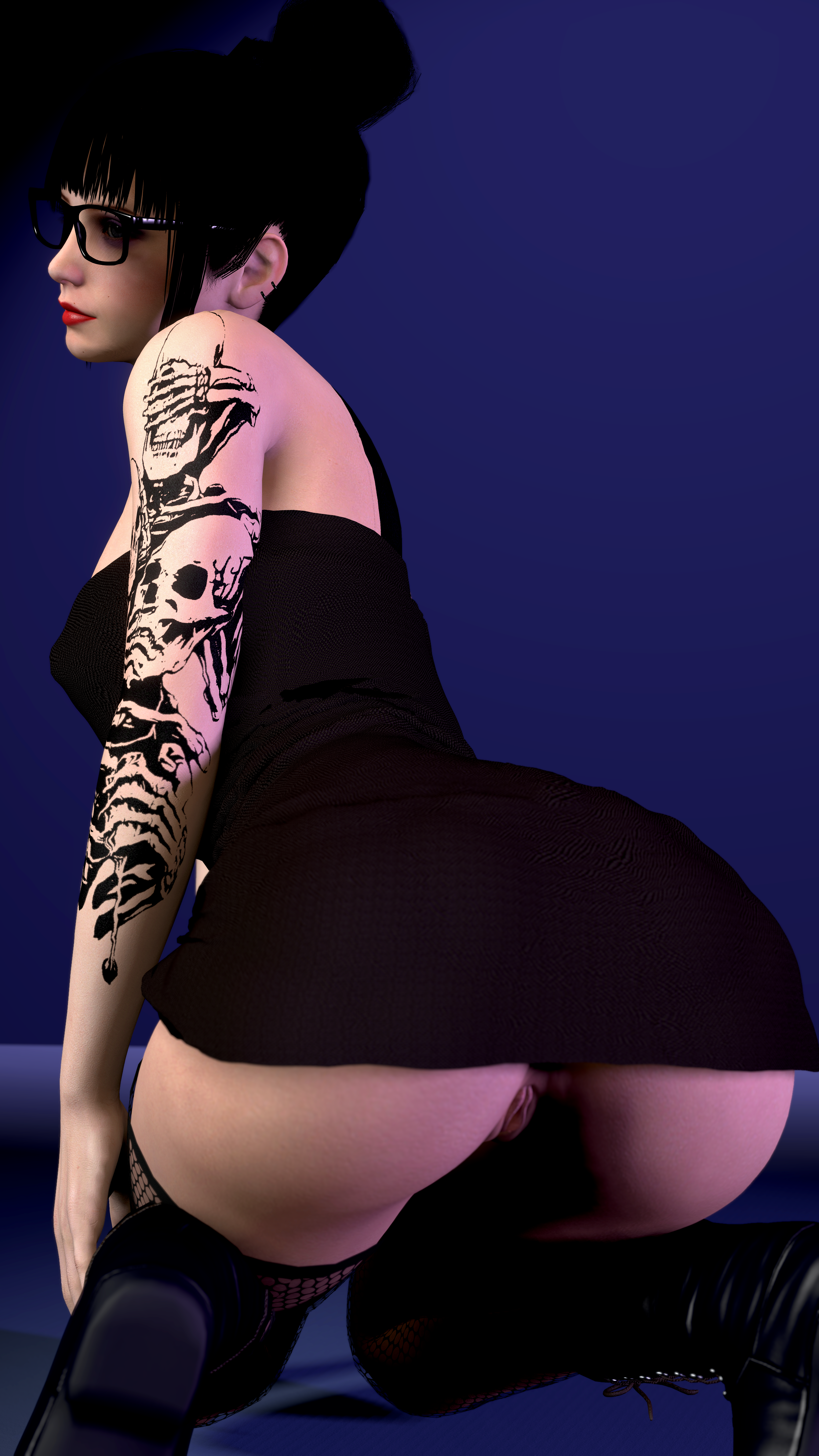 1girl 3d alex_domino ass ass_focus bangs big_ass black_hair boots choker cleavage dress exposed_ass exposed_pussy female fishnet_legwear fishnets from_behind fully_clothed glasses goth goth_girl hair_bun large_ass lesbian lingerie nopixel on_knees painted_nails pussy short_dress solo_female tattoo tattoos thighs tight_dress