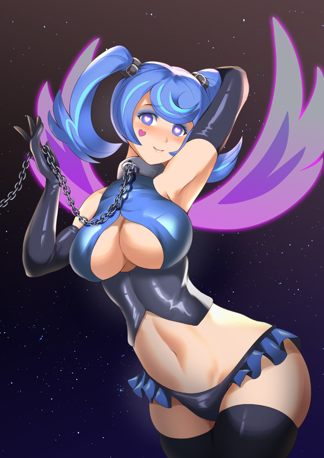 haryu (artist), haryudanto, blue angel, zaizen aoi, yu-gi-oh!, yu-gi-oh! vrains, 1girls, black corset, black panties, blue angel (yu-gi-oh), blue eyes, blue hair, breasts, chain leash, collar, corset, elbow gloves, face tattoo, gloves, heart-shaped pupils, heart tattoo, hypnosis, large breasts, leash, looking at viewer, midriff, mind control, navel, panties, slave, tattoo, thighhighs, twintails, 