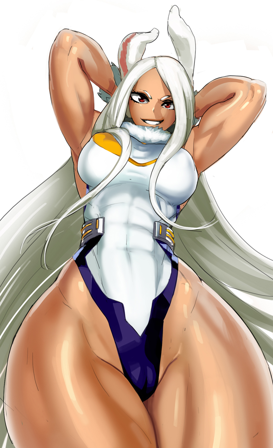 aka6, miruko, rumi usagiyama, my hero academia, white background, 1girl, 1girls, abs, armpits, arms up, bottom heavy, bunny ears, cropped legs, dark-skinned female, dark skin, female, female only, fluffy ears, hands up, hero outfit(mha), huge breasts, leotard, muscular female, naughty face, rabbit ears, red eyes, seductive, seductive smile, smile, solo, thick thighs, thighs, wasp waist, white hair, wide hips, 