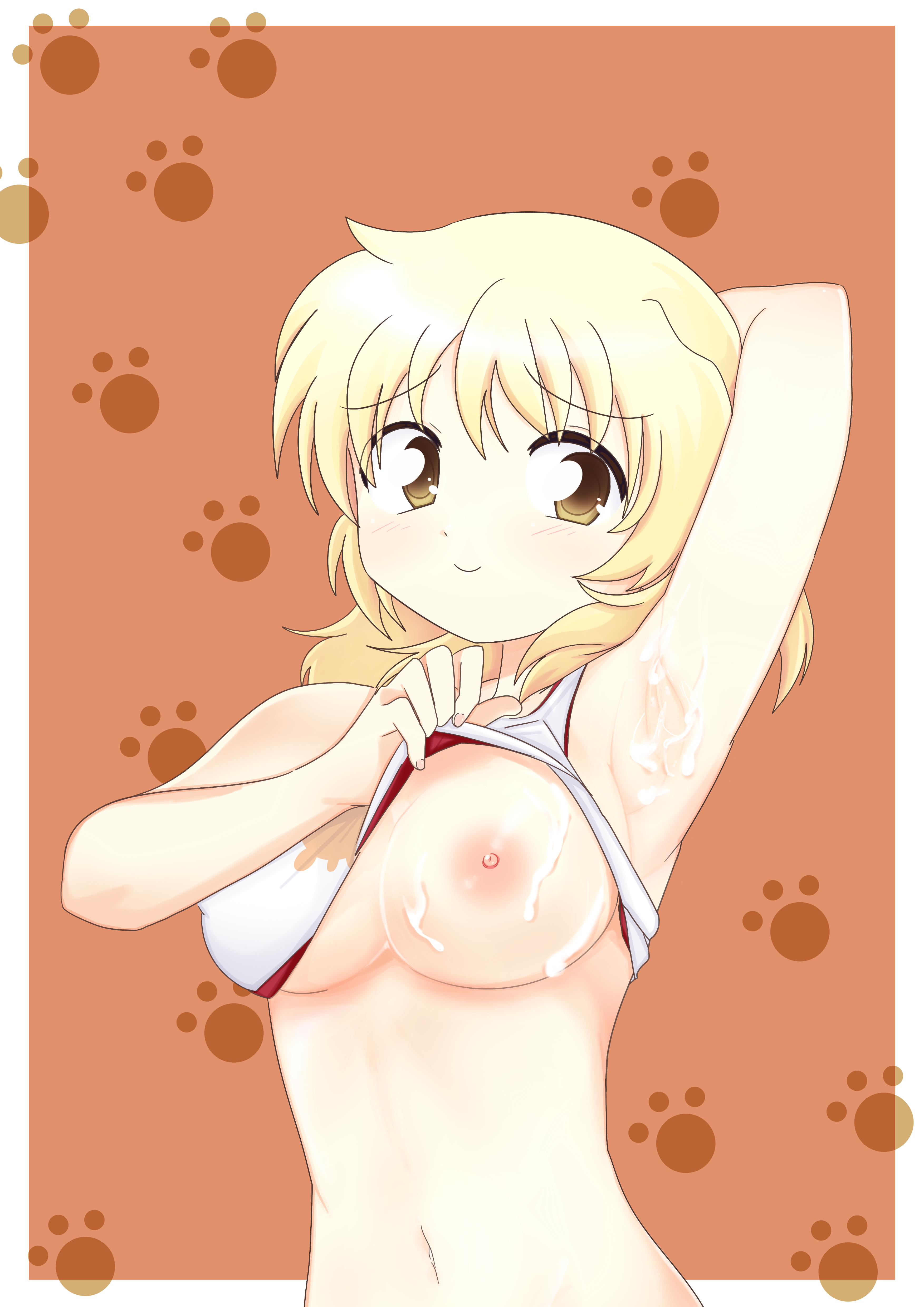 hidamari sketch, arm behind head, arm up, armpits, blonde hair, blush, breasts, brown eyes, cum, cum on armpit, cum on body, cum on breasts, cum on upper body, dard drak, female, lifted by self, long hair, looking at viewer, miyako yoshika, nipples, one breast out, smile, solo, sports bra, 