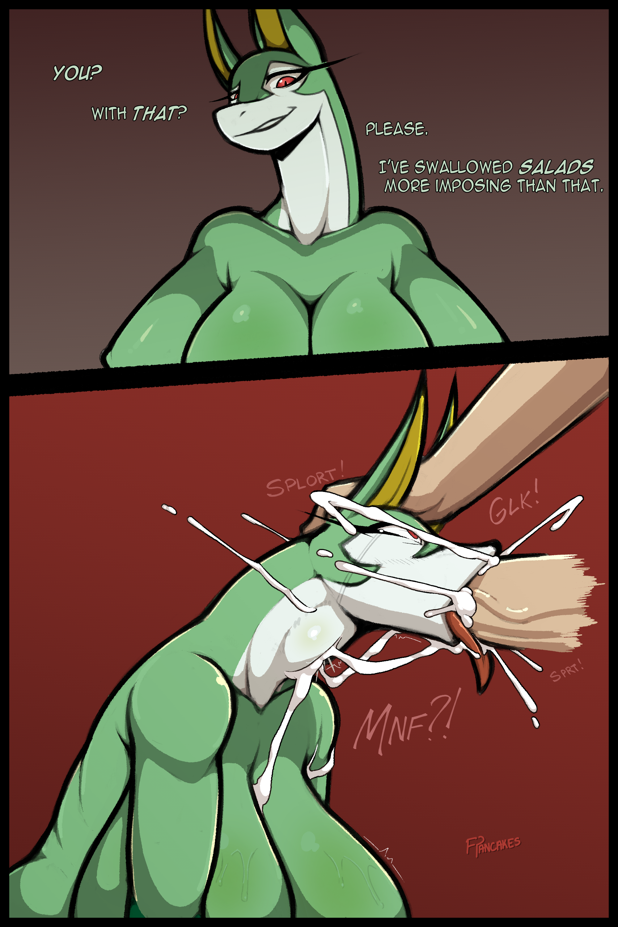 freepancakes, serperior, nintendo, absurd res, digital media (artwork), english text, hi res, simple background, text, anthro, big breasts, bodily fluids, breasts, cum, cum in mouth, cum inside, cum on face, deep throat, dialogue, duo, ejaculation, erection, fellatio, female, female penetrated, genital fluids, genitals, instant loss 2koma, looking at viewer, male, male/female, neck bulge, nude, open mouth, oral, oral penetration, penetration, penile, penis, pokemon, red eyes, reptile, saliva, saliva on penis, saliva on tongue, saliva string, scalie, sex, smile, snake, tongue, video games, 