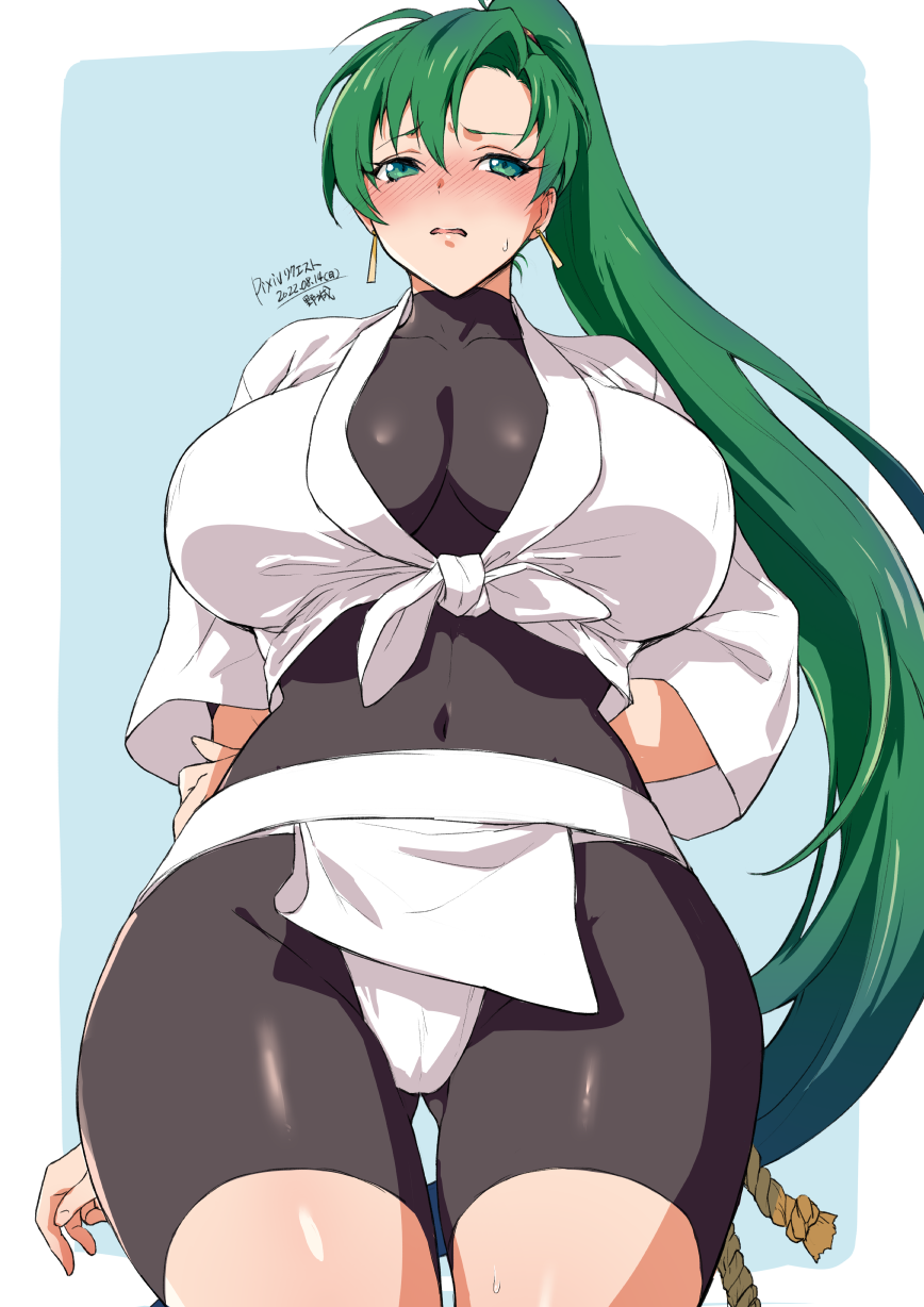 yajiro masaru, lyn (fire emblem), fire emblem, fire emblem: the blazing blade, nintendo, arms behind back, ass visible through thighs, bodystocking, breasts, cleavage, earrings, embarrassed, from below, grabbing own arm, green eyes, green hair, large breasts, long hair, looking away, midriff, navel, open clothes, open mouth, panties, pelvic curtain, shirt, thighs, undressing, very long hair, white panties, 