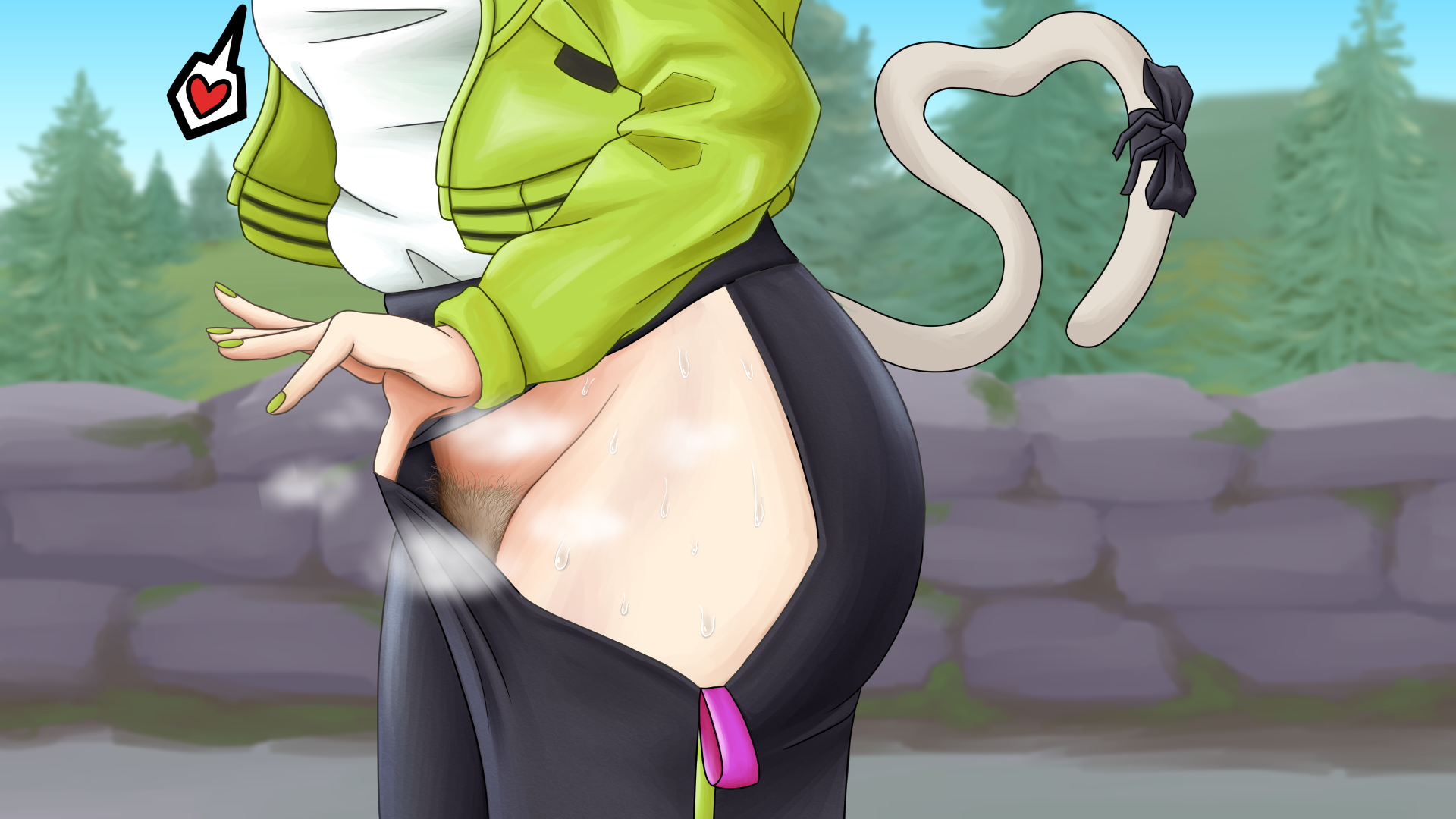 1girls alac ass black_pants bow breasts cat_tail clothes_pull clothing_cutout fake_tail female girls'_frontline girls'_frontline_2:_exilium green_jacket head_out_of_frame heart hi_res hip hip_vent large_breasts nail_polish no_panties official_alternate_costume peritya_(girls'_frontline_2) plant pubic_hair pussy rock speech_bubble steam sweat tree white_shirt yoga_pants